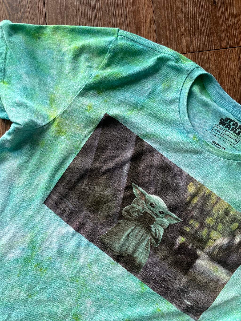 XL Men’s Star Wars The Mandalorian Grogu Galaxy Handmade Tie Dye T-Shirt | One-Of-a-Kind Shades of Green Snow Dyed Short Sleeve