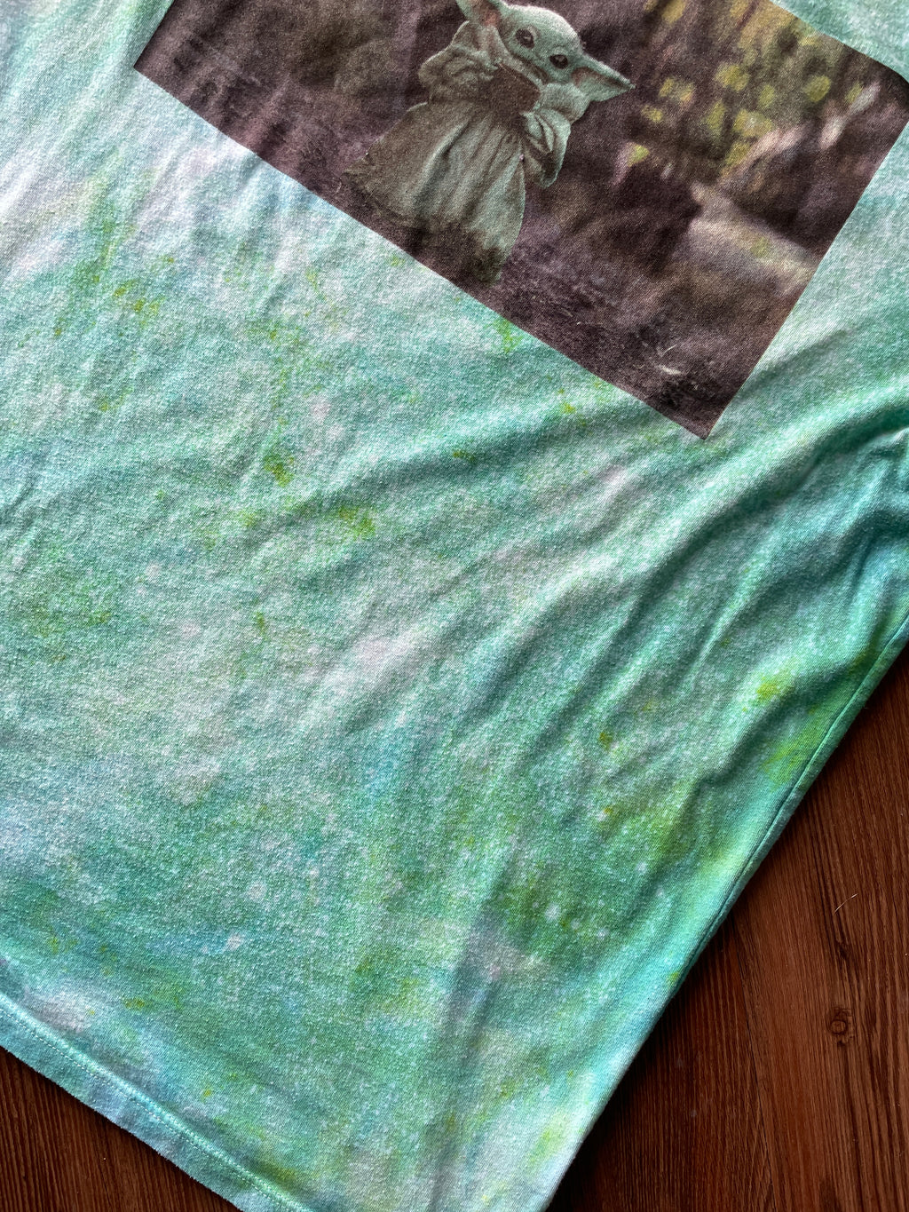 XL Men’s Star Wars The Mandalorian Grogu Galaxy Handmade Tie Dye T-Shirt | One-Of-a-Kind Shades of Green Snow Dyed Short Sleeve