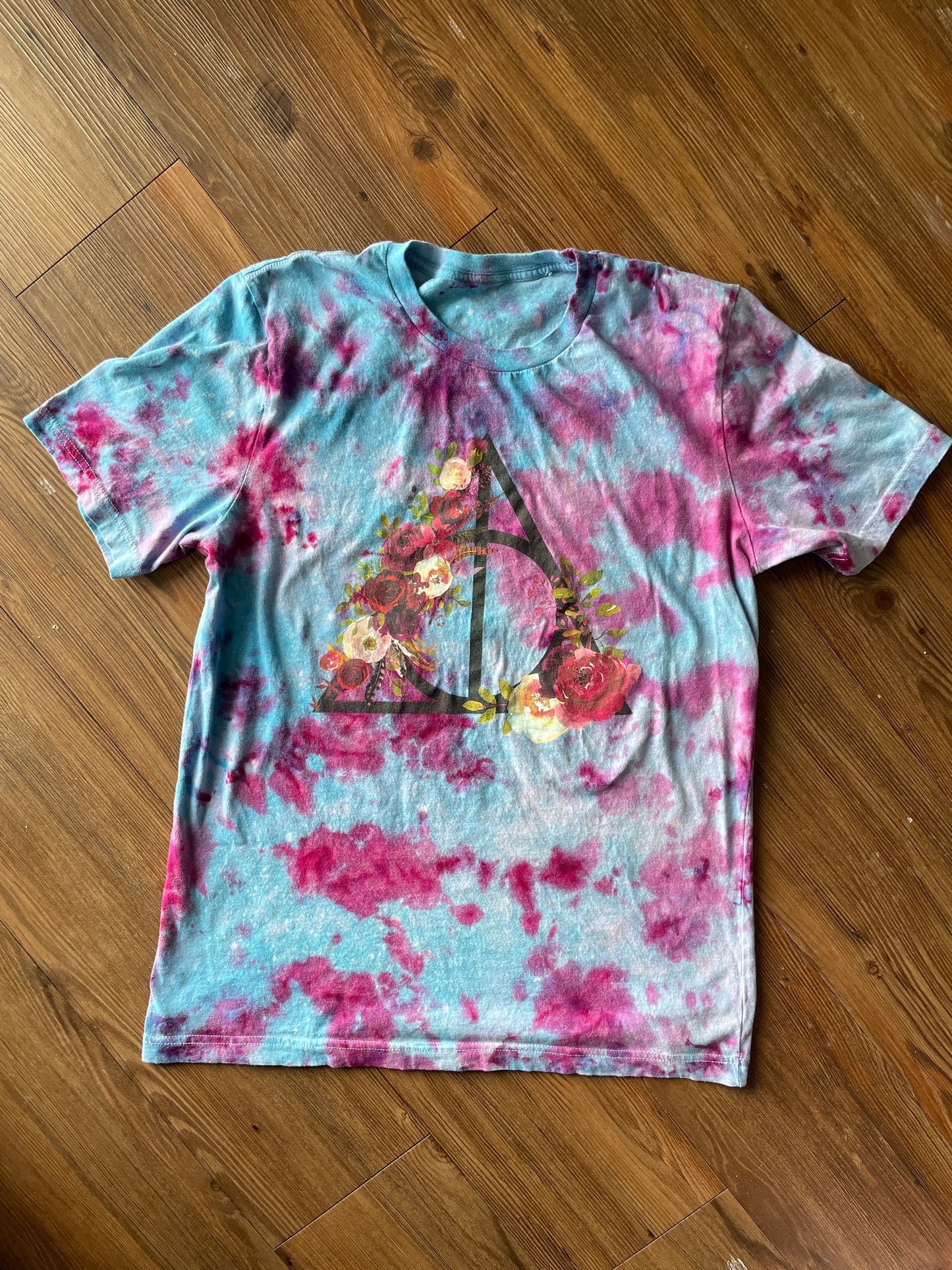 M/L Men’s Harry Potter and the Deathly Hallows Galaxy Handmade Tie Dye T-Shirt | One-Of-a-Kind Blue and Pink Snow Dyed Short Sleeve