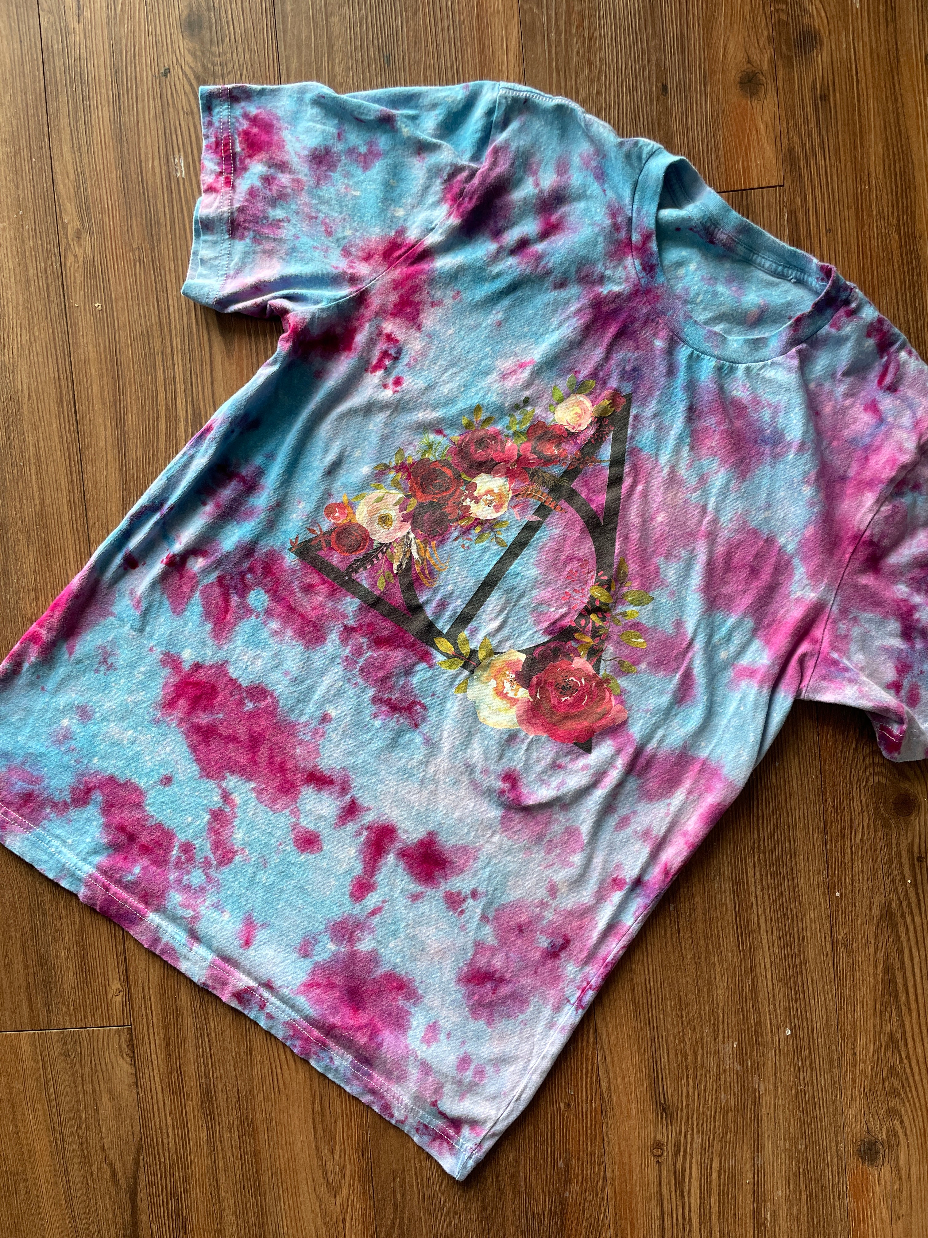 M/L Men’s Harry Potter and the Deathly Hallows Galaxy Handmade Tie Dye T-Shirt | One-Of-a-Kind Blue and Pink Snow Dyed Short Sleeve