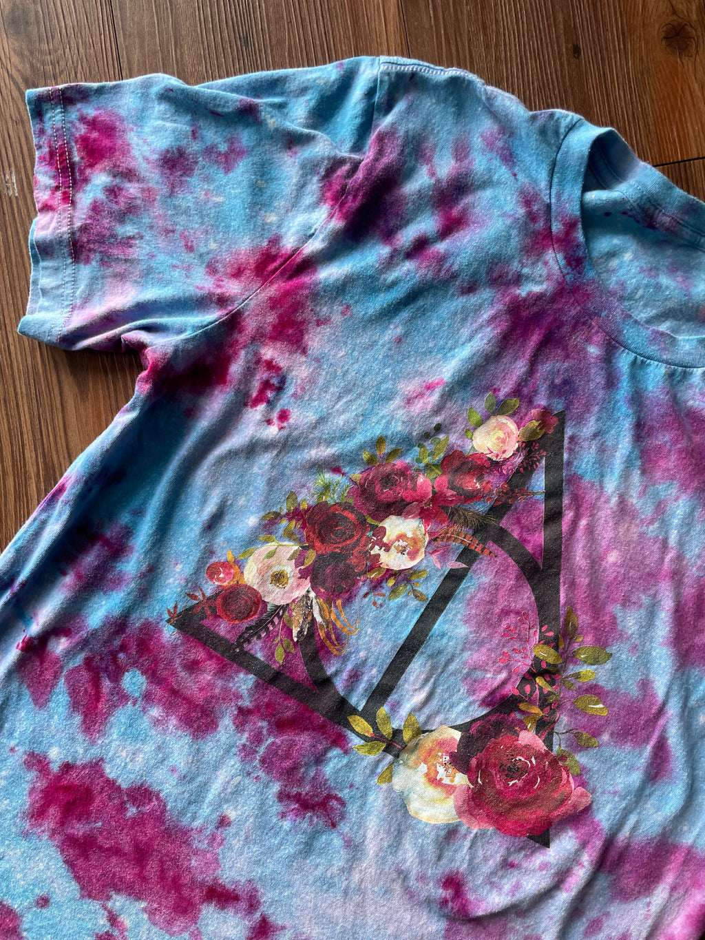 M/L Men’s Harry Potter and the Deathly Hallows Galaxy Handmade Tie Dye T-Shirt | One-Of-a-Kind Blue and Pink Snow Dyed Short Sleeve