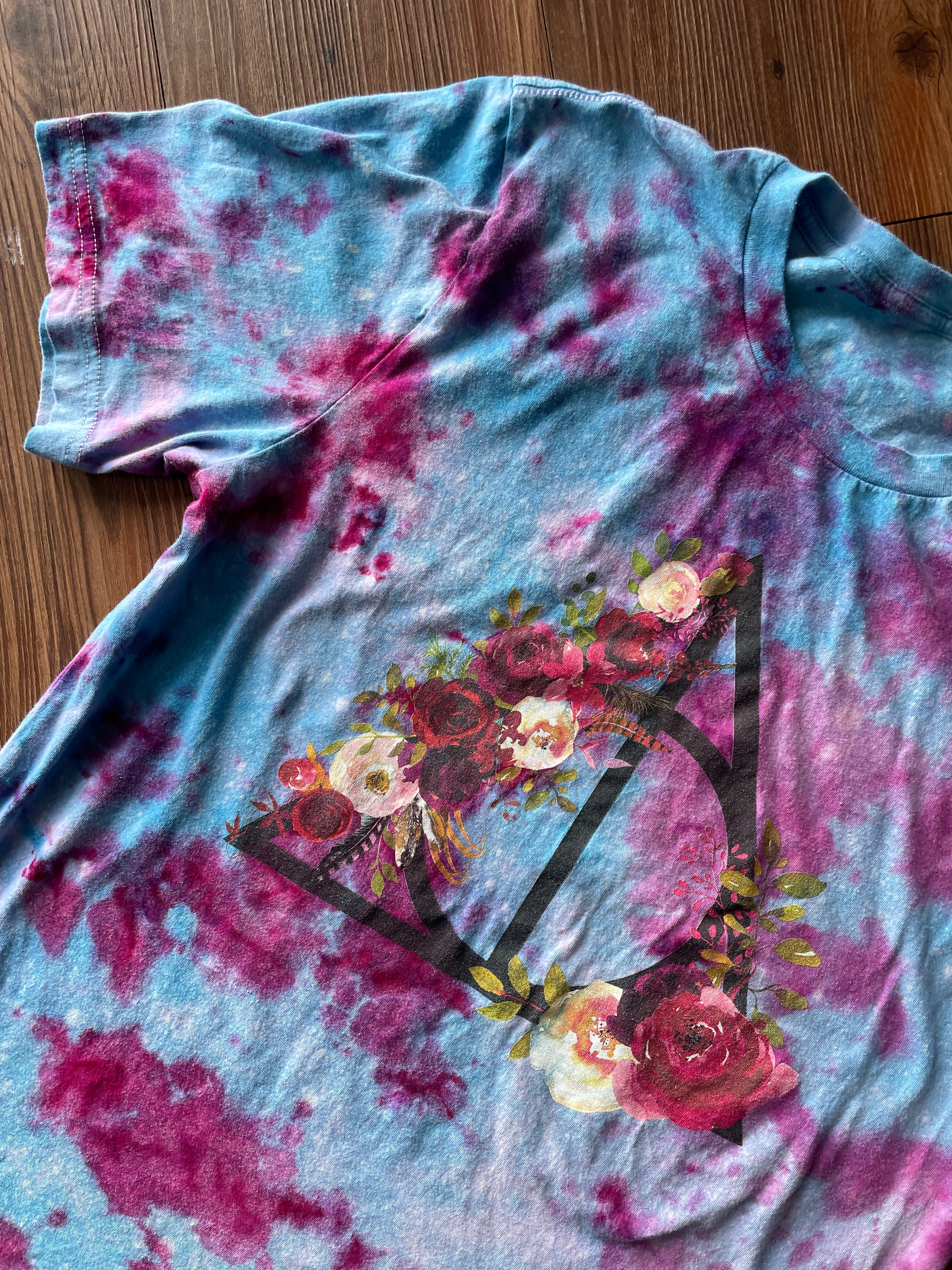 M/L Men’s Harry Potter and the Deathly Hallows Galaxy Handmade Tie Dye T-Shirt | One-Of-a-Kind Blue and Pink Snow Dyed Short Sleeve