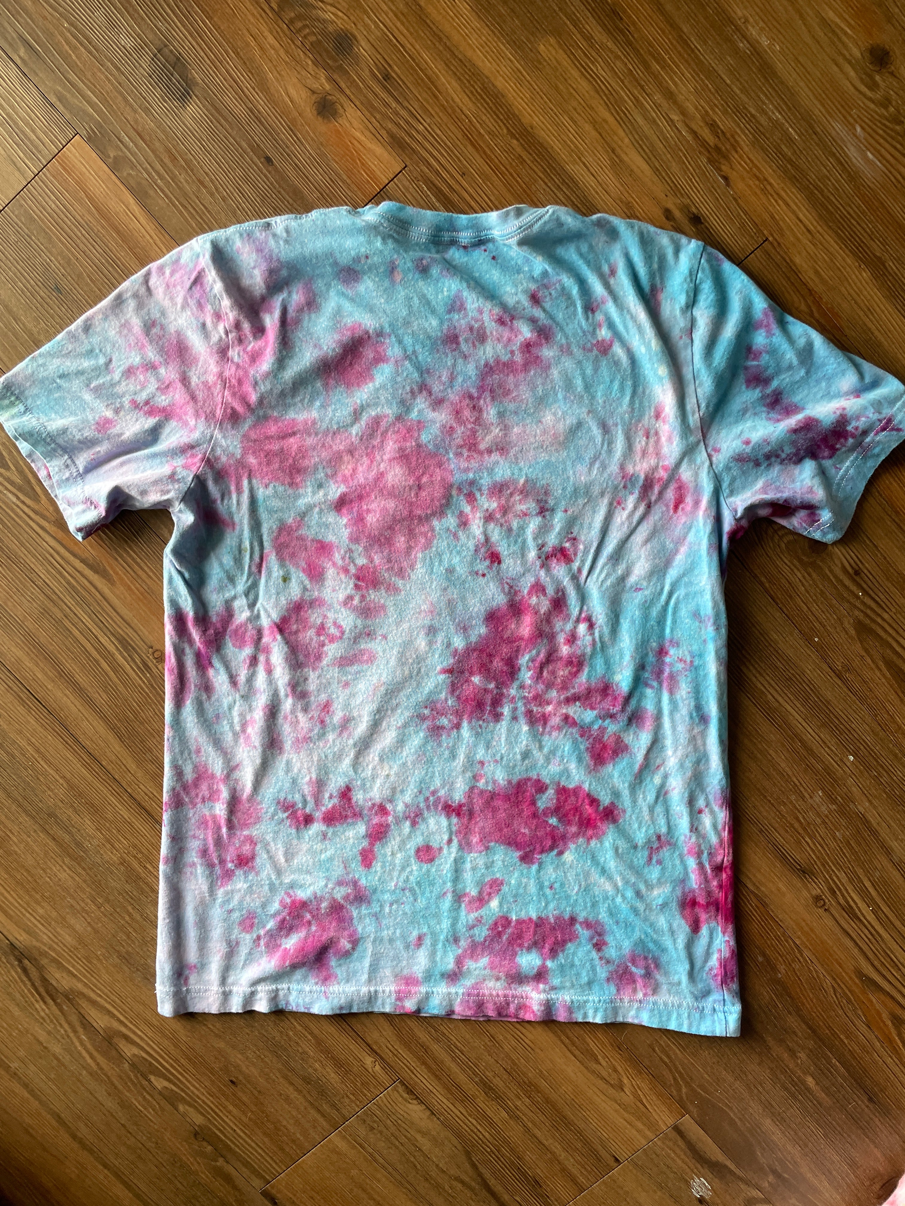M/L Men’s Harry Potter and the Deathly Hallows Galaxy Handmade Tie Dye T-Shirt | One-Of-a-Kind Blue and Pink Snow Dyed Short Sleeve