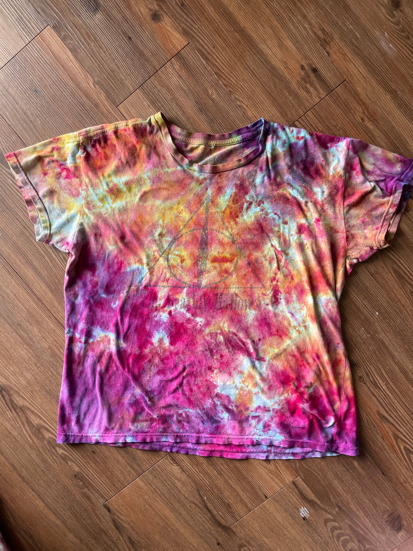 Large Women’s Harry Potter and The Deathly Hallows Galaxy Handmade Tie Dye T-Shirt | One-Of-a-Kind Pink and Orange Snow Dyed Short Sleeve