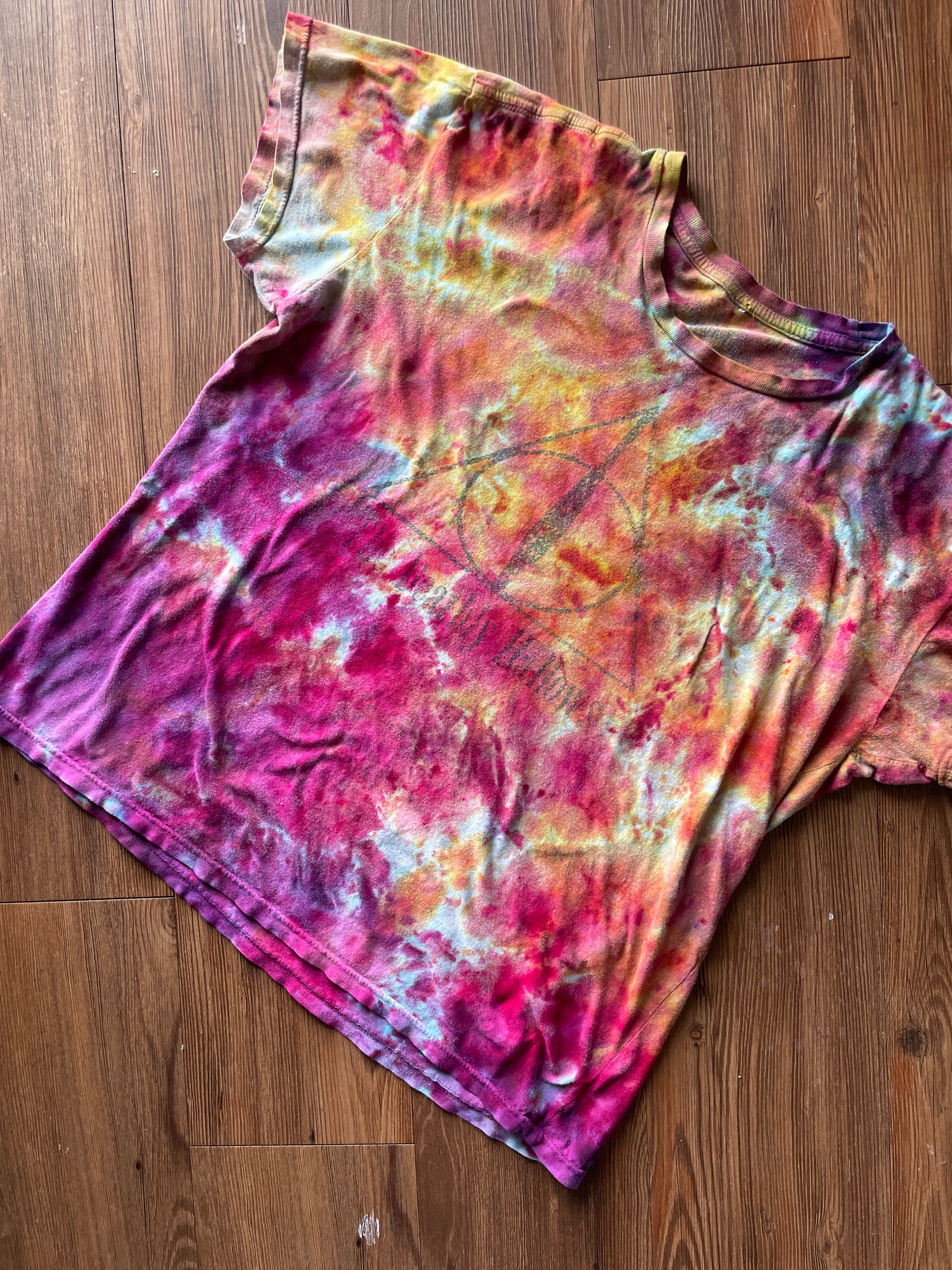 Large Women’s Harry Potter and The Deathly Hallows Galaxy Handmade Tie Dye T-Shirt | One-Of-a-Kind Pink and Orange Snow Dyed Short Sleeve