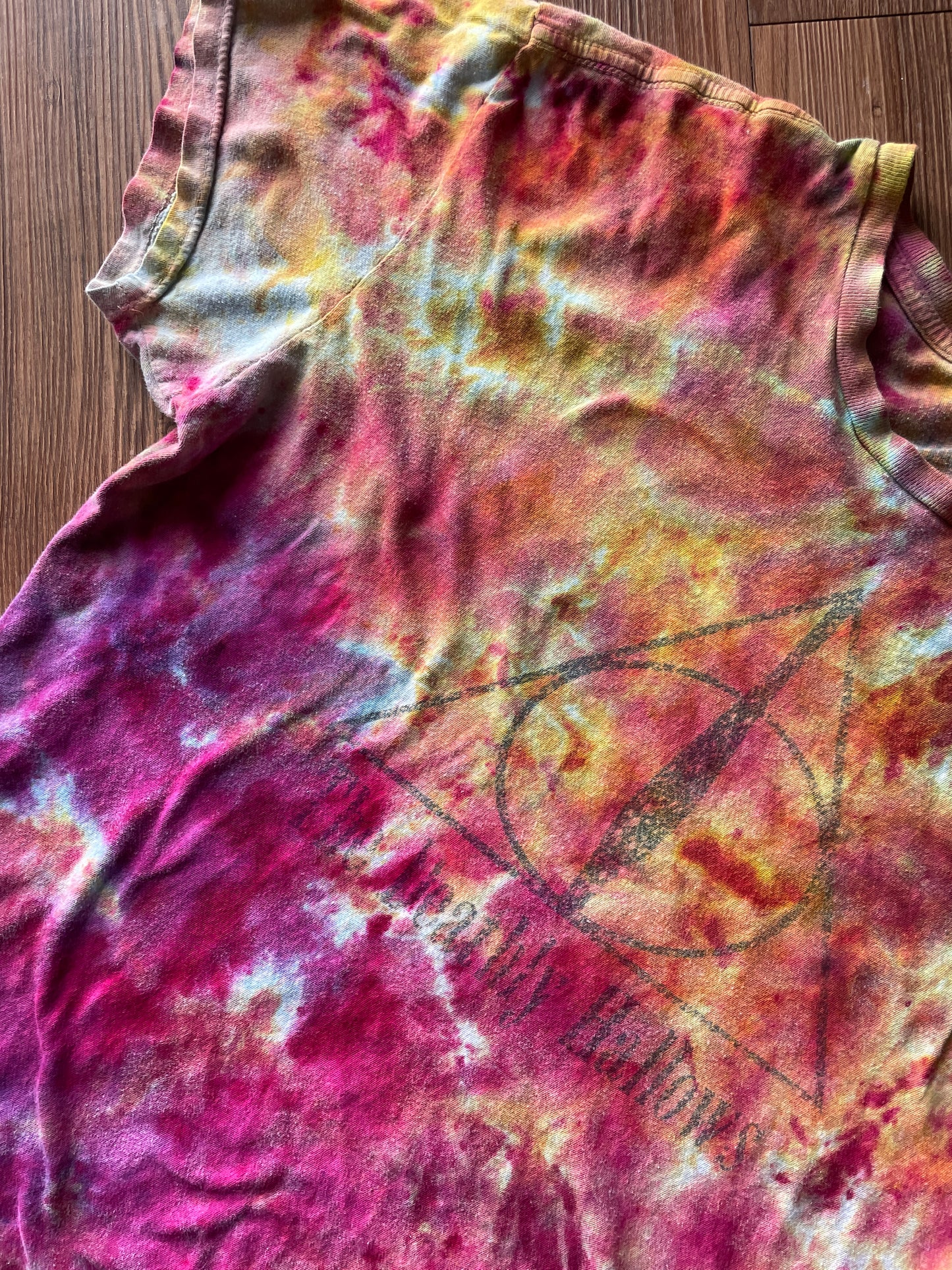Large Women’s Harry Potter and The Deathly Hallows Galaxy Handmade Tie Dye T-Shirt | One-Of-a-Kind Pink and Orange Snow Dyed Short Sleeve