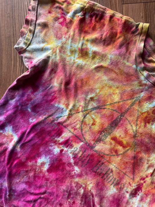 Large Women’s Harry Potter and The Deathly Hallows Galaxy Handmade Tie Dye T-Shirt | One-Of-a-Kind Pink and Orange Snow Dyed Short Sleeve