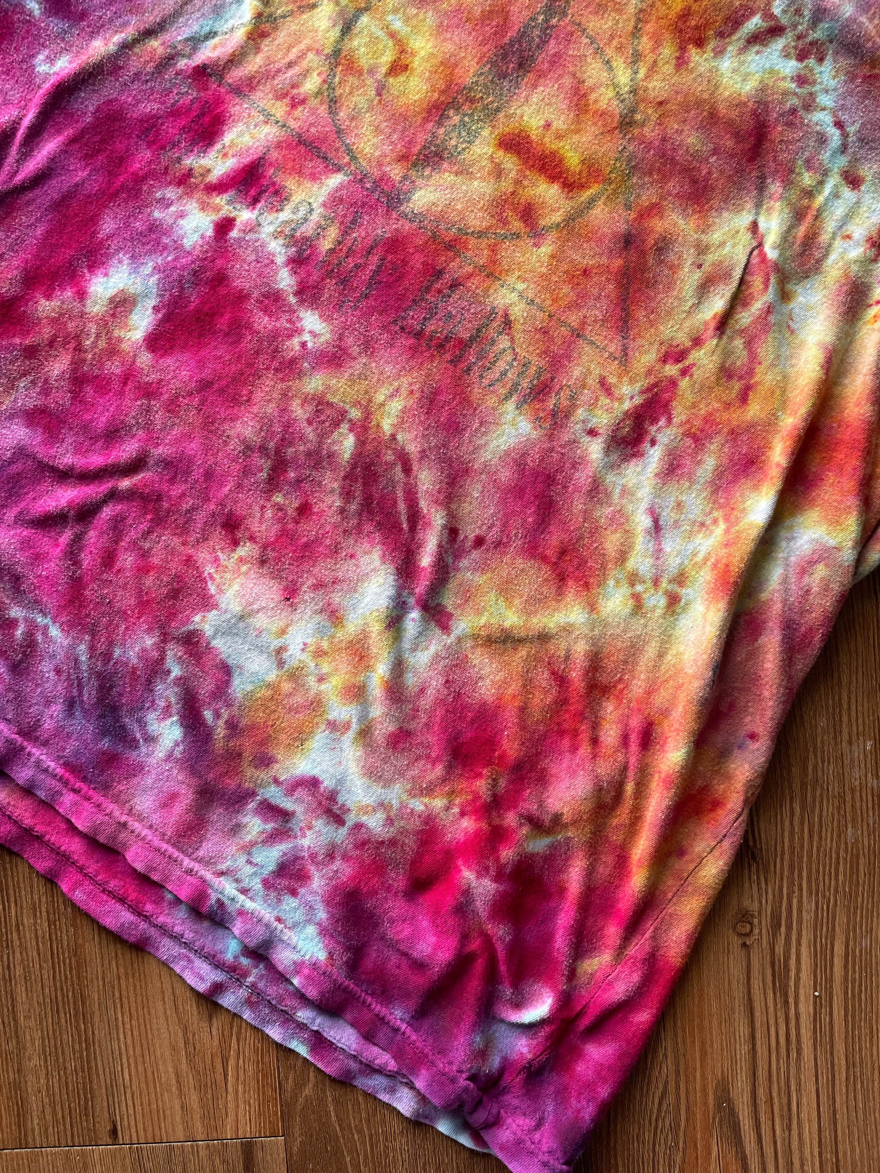 Large Women’s Harry Potter and The Deathly Hallows Galaxy Handmade Tie Dye T-Shirt | One-Of-a-Kind Pink and Orange Snow Dyed Short Sleeve