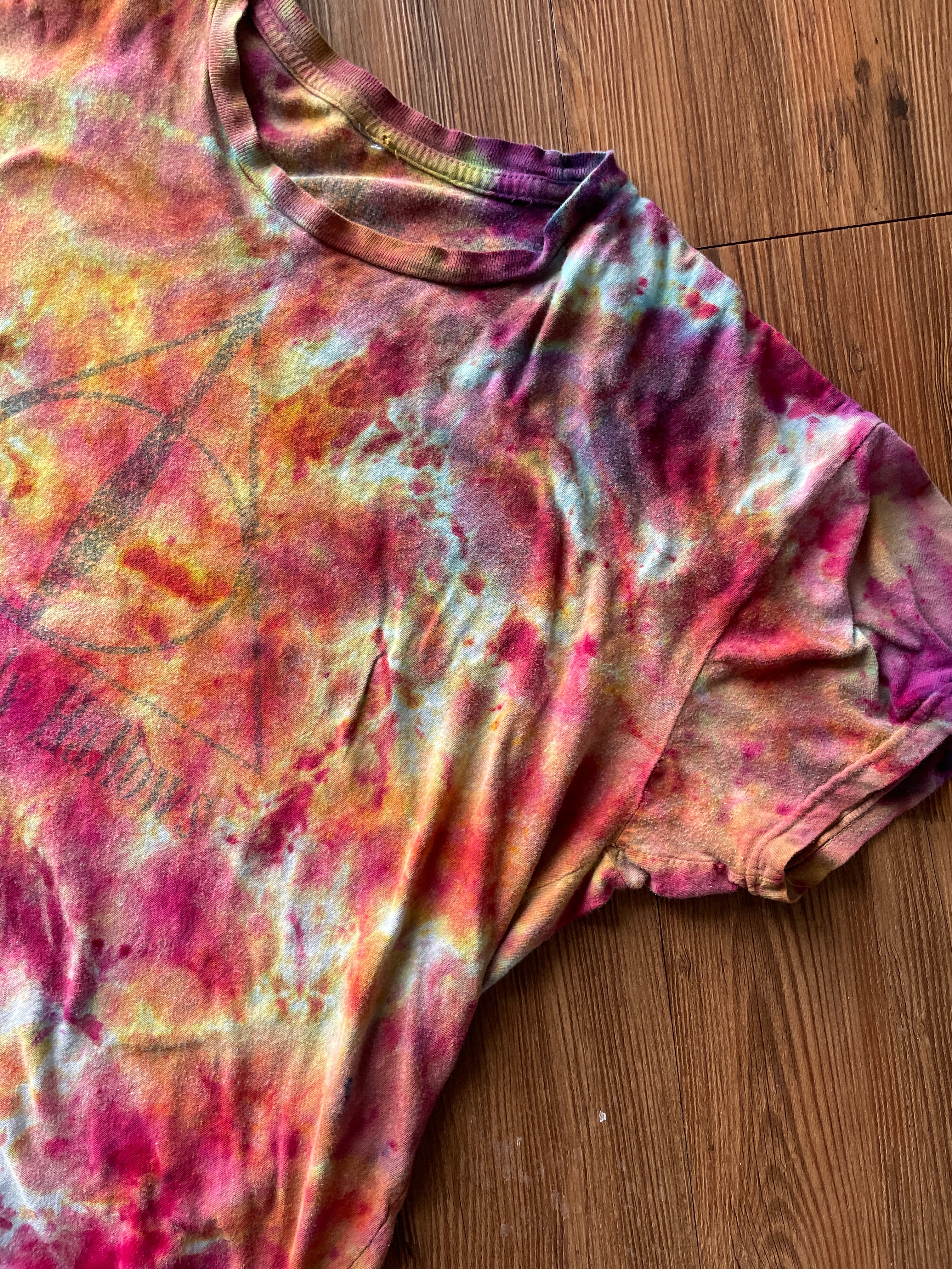 Large Women’s Harry Potter and The Deathly Hallows Galaxy Handmade Tie Dye T-Shirt | One-Of-a-Kind Pink and Orange Snow Dyed Short Sleeve