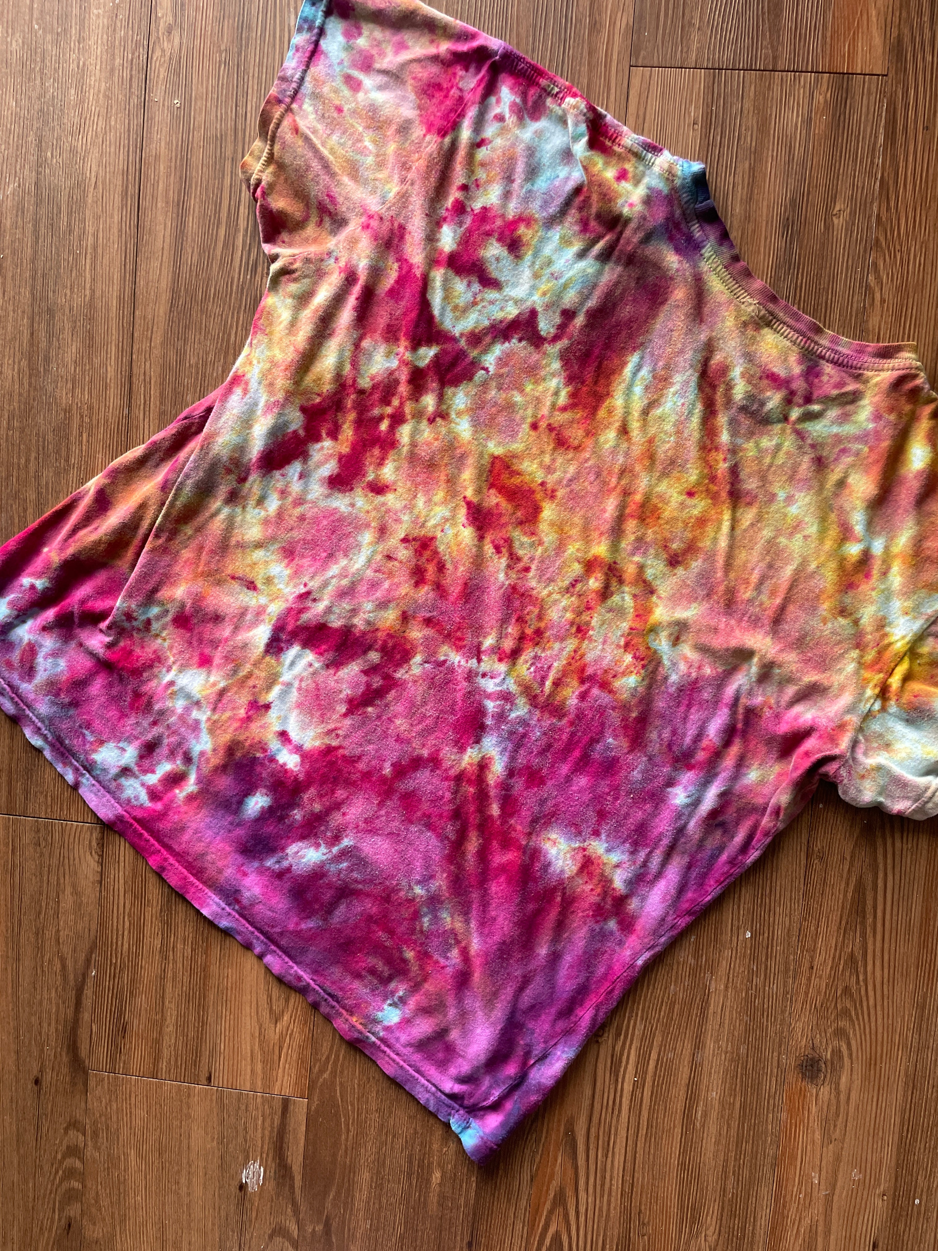 Large Women’s Harry Potter and The Deathly Hallows Galaxy Handmade Tie Dye T-Shirt | One-Of-a-Kind Pink and Orange Snow Dyed Short Sleeve