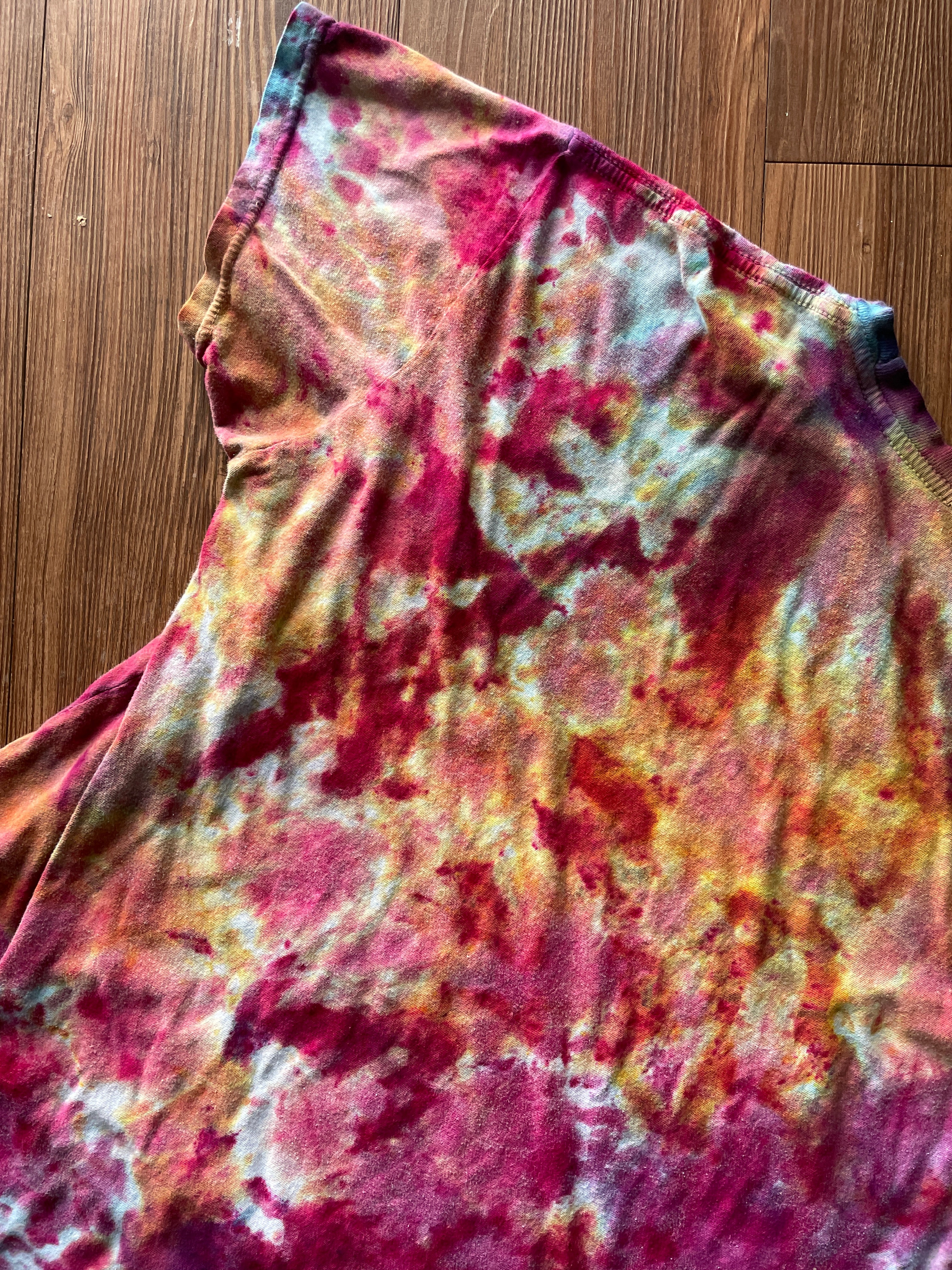 Large Women’s Harry Potter and The Deathly Hallows Galaxy Handmade Tie Dye T-Shirt | One-Of-a-Kind Pink and Orange Snow Dyed Short Sleeve