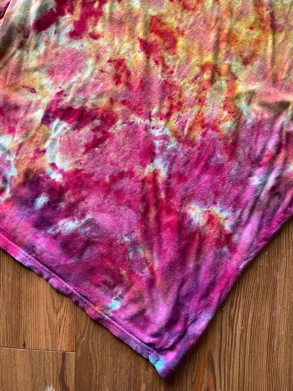 Large Women’s Harry Potter and The Deathly Hallows Galaxy Handmade Tie Dye T-Shirt | One-Of-a-Kind Pink and Orange Snow Dyed Short Sleeve