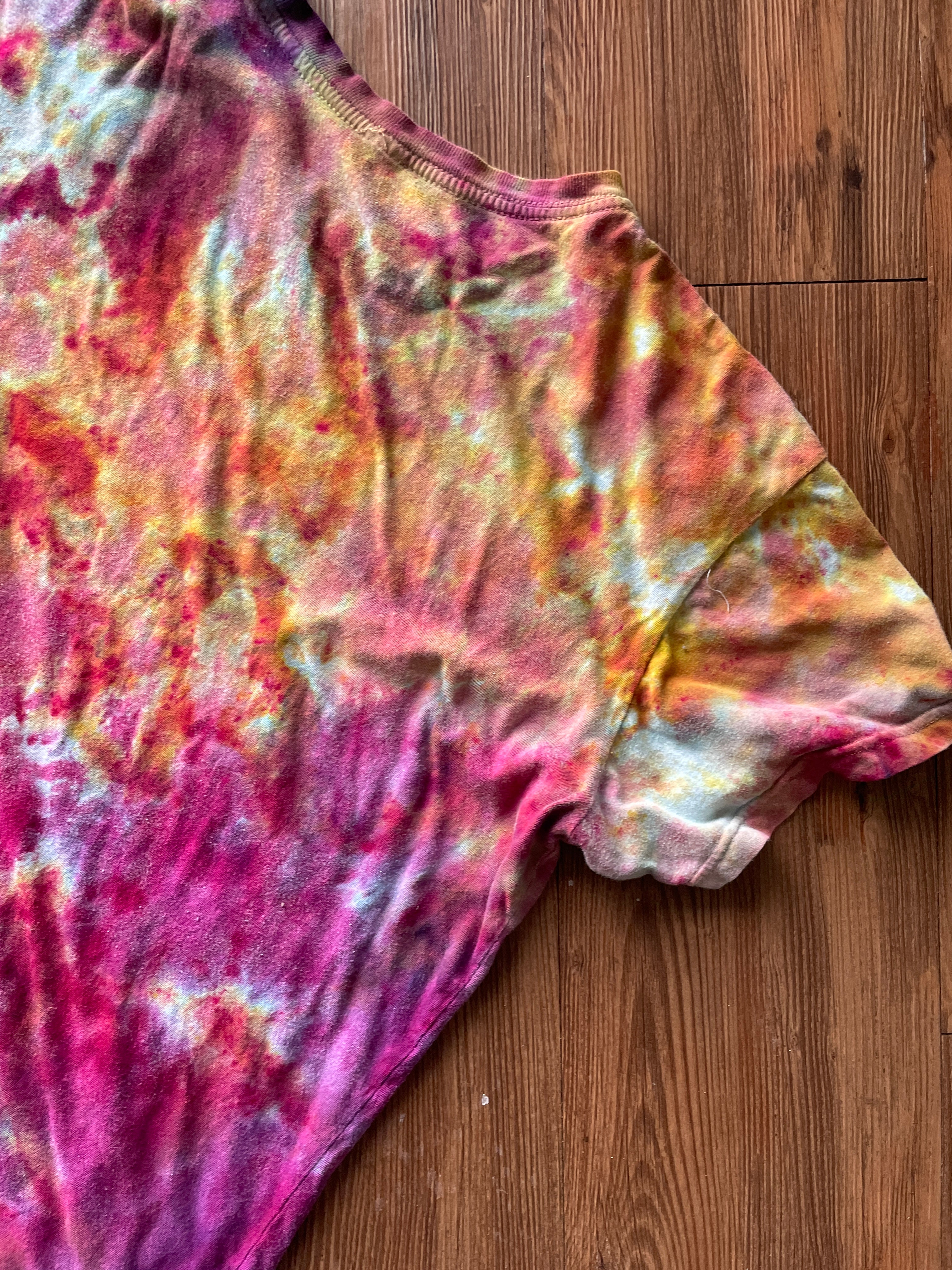 Large Women’s Harry Potter and The Deathly Hallows Galaxy Handmade Tie Dye T-Shirt | One-Of-a-Kind Pink and Orange Snow Dyed Short Sleeve
