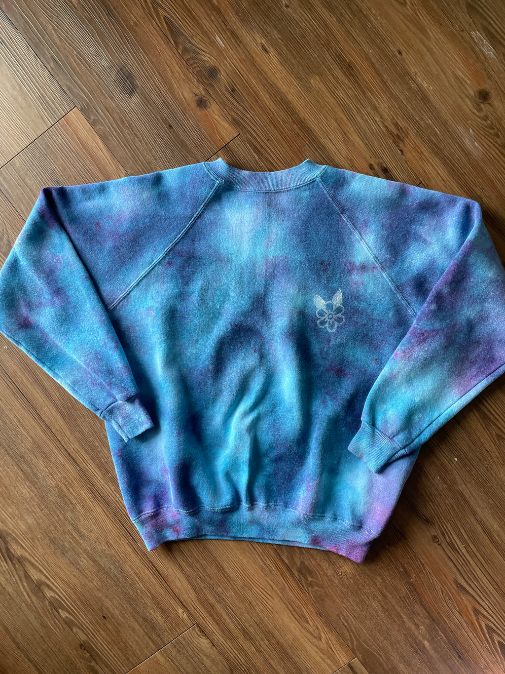 SMALL Women’s Floral Print Galaxy Handmade Tie Dye T-Shirt | One-Of-a-Kind Pastel Blue Long Sleeve