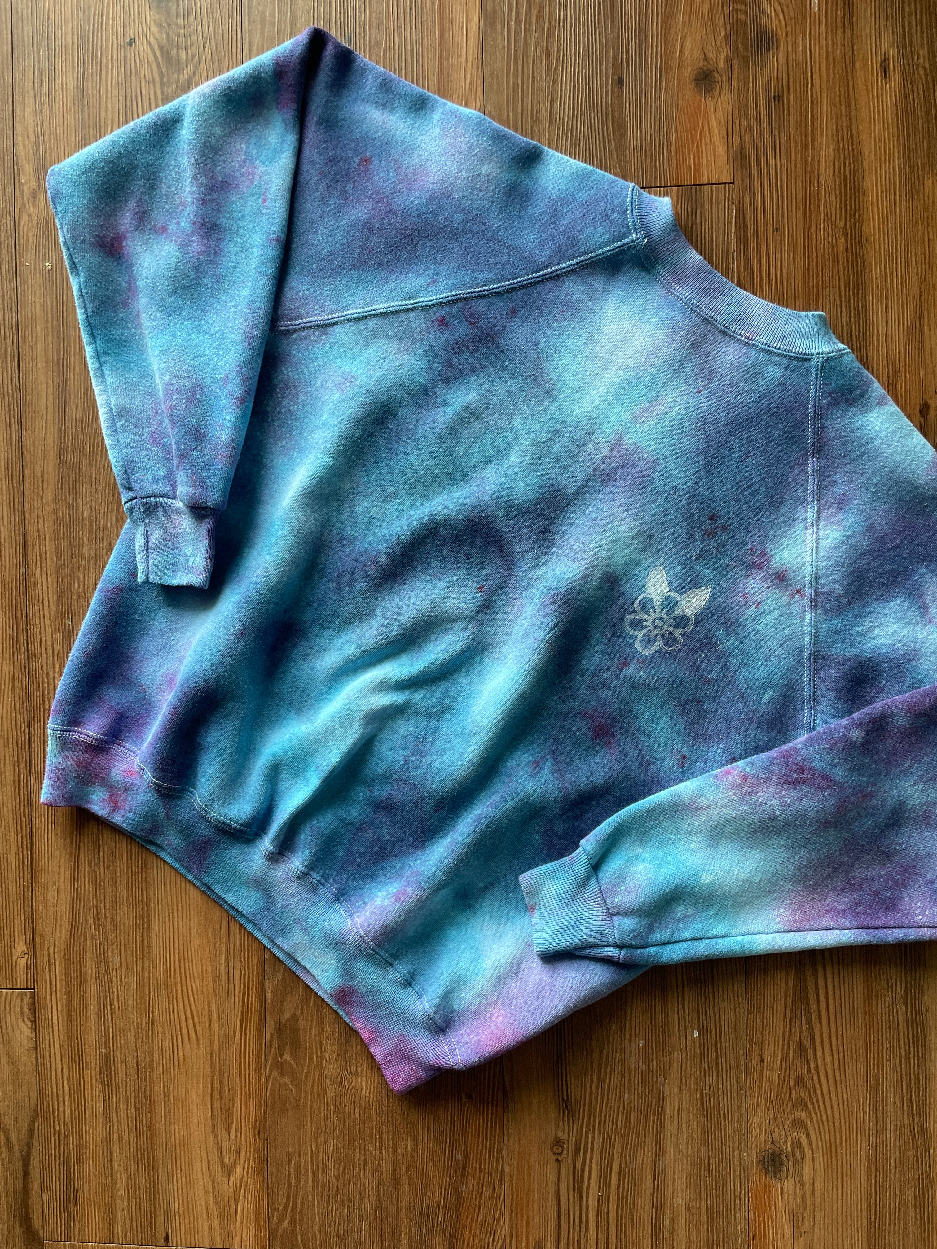 SMALL Women’s Floral Print Galaxy Handmade Tie Dye T-Shirt | One-Of-a-Kind Pastel Blue Long Sleeve