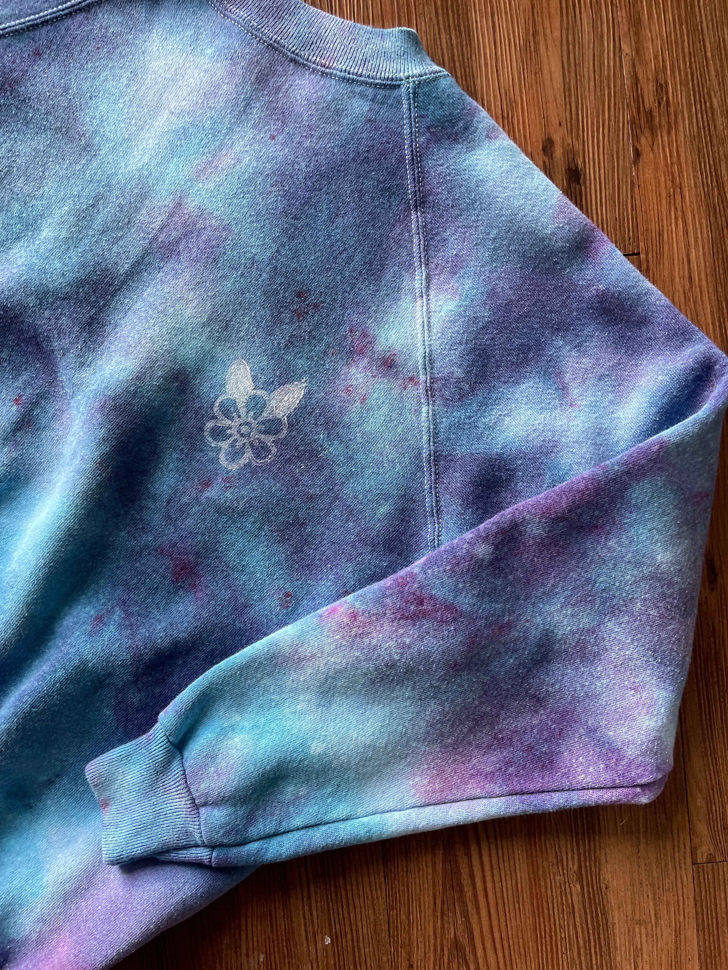 SMALL Women’s Floral Print Galaxy Handmade Tie Dye T-Shirt | One-Of-a-Kind Pastel Blue Long Sleeve