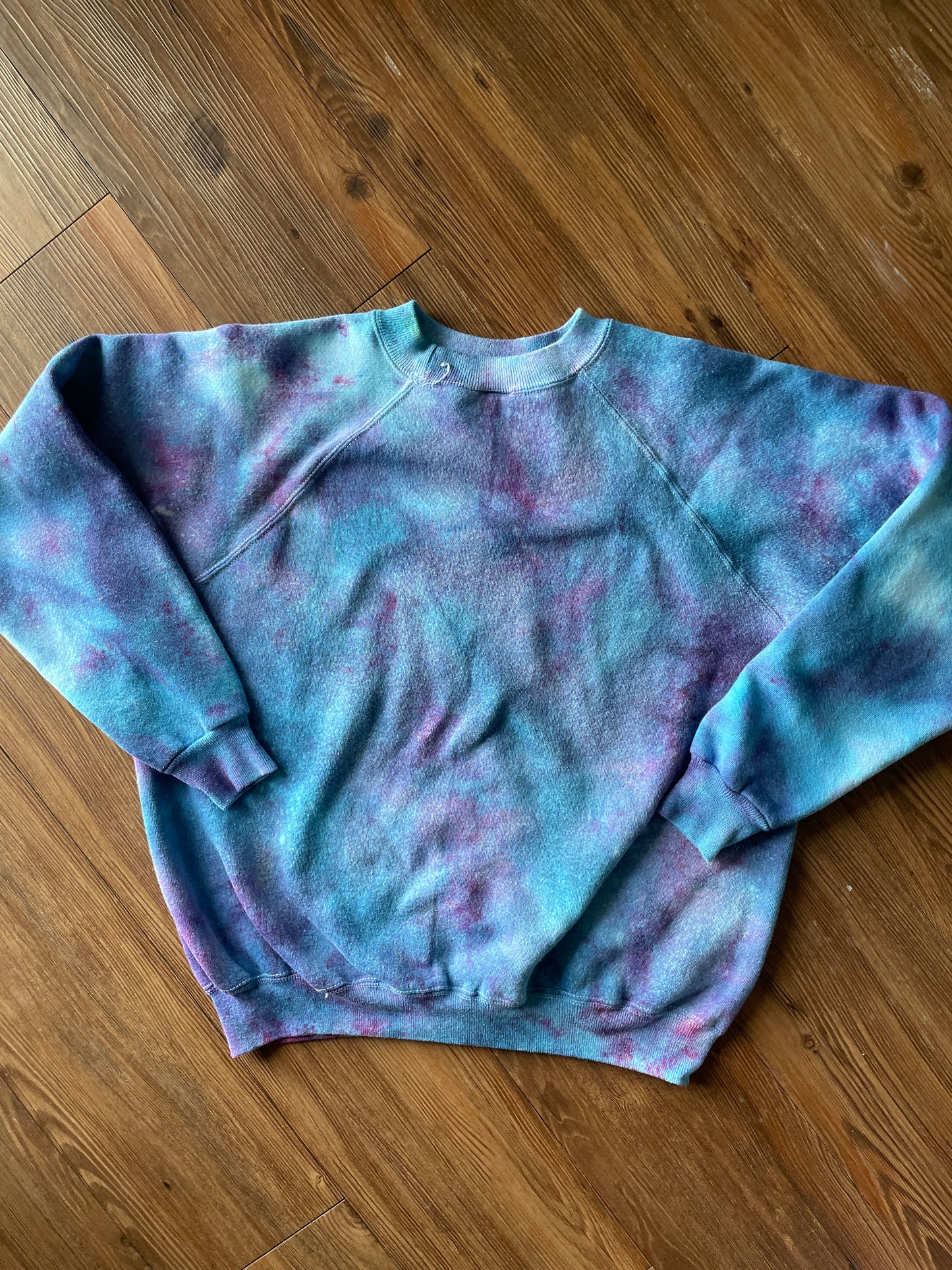 SMALL Women’s Floral Print Galaxy Handmade Tie Dye T-Shirt | One-Of-a-Kind Pastel Blue Long Sleeve