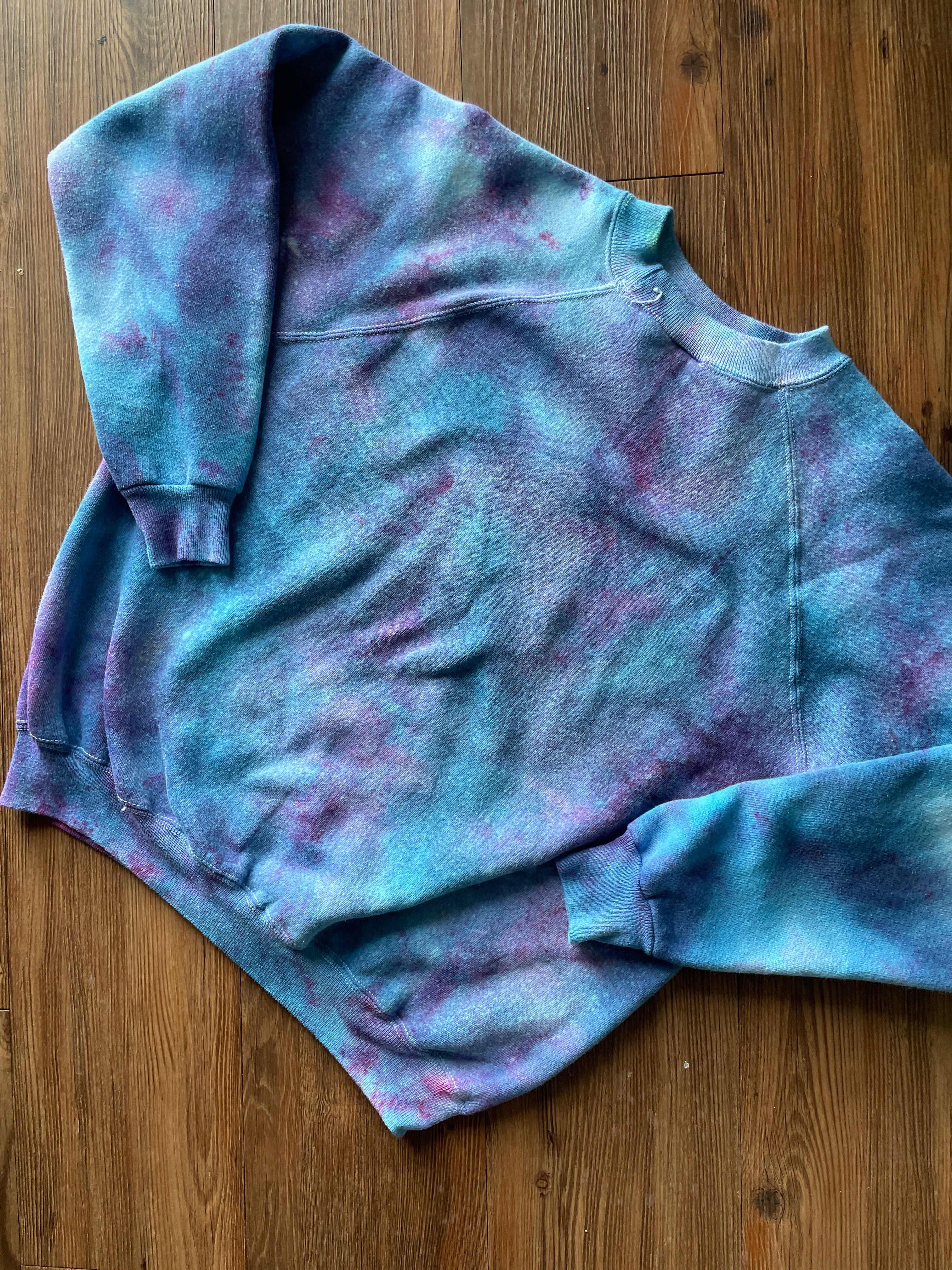 SMALL Women’s Floral Print Galaxy Handmade Tie Dye T-Shirt | One-Of-a-Kind Pastel Blue Long Sleeve