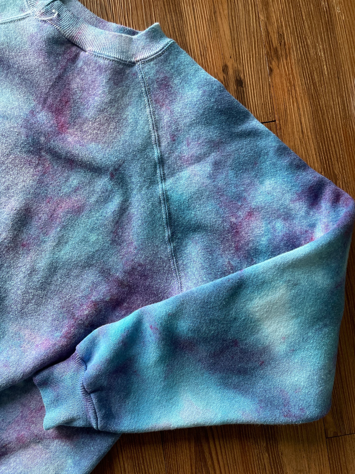 SMALL Women’s Floral Print Galaxy Handmade Tie Dye T-Shirt | One-Of-a-Kind Pastel Blue Long Sleeve