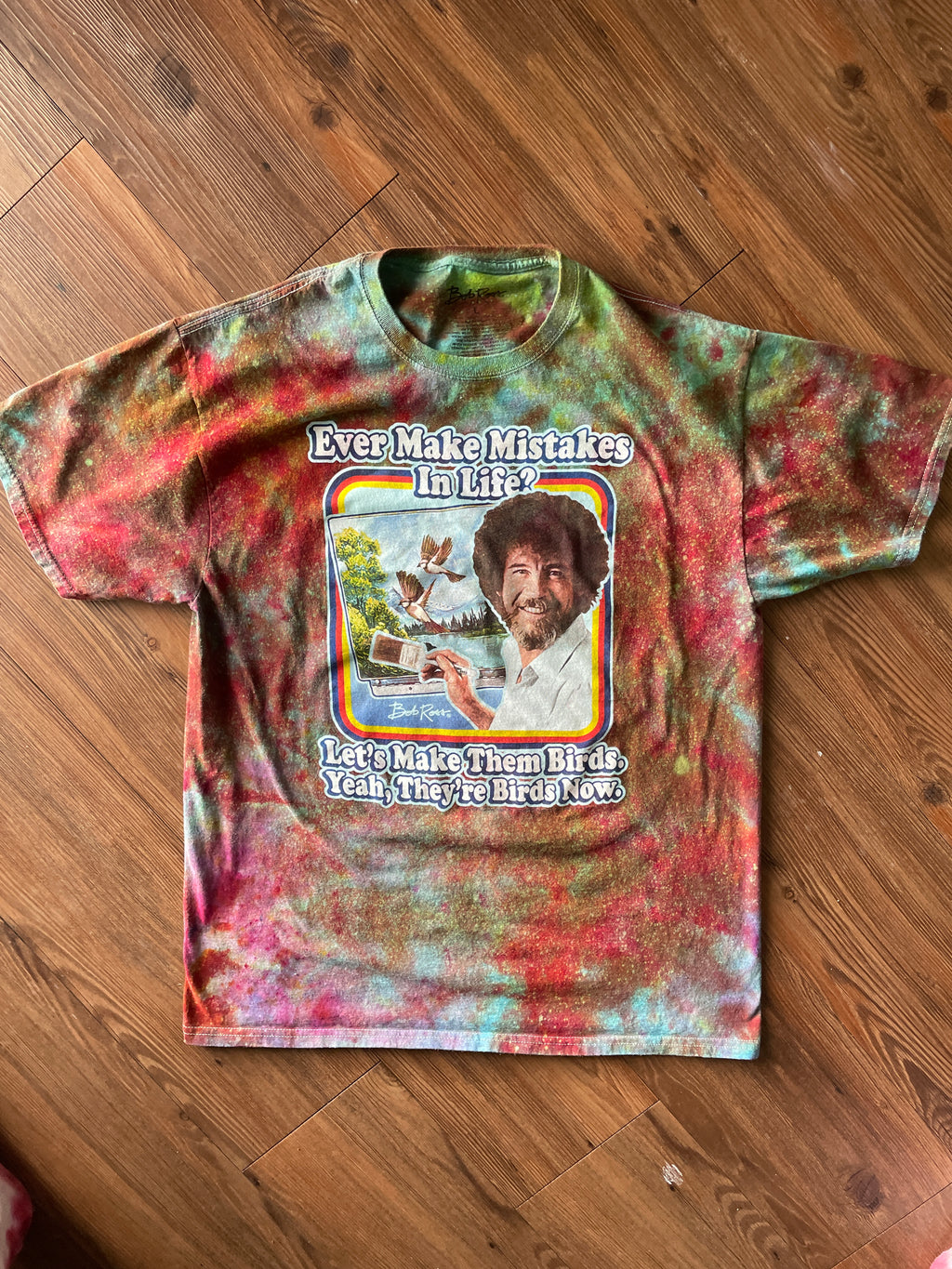 LARGE Men’s Bob Ross Mistakes Galaxy Handmade Tie Dye T-Shirt | One-Of-a-Kind Rainbow Snow Dyed Short Sleeve