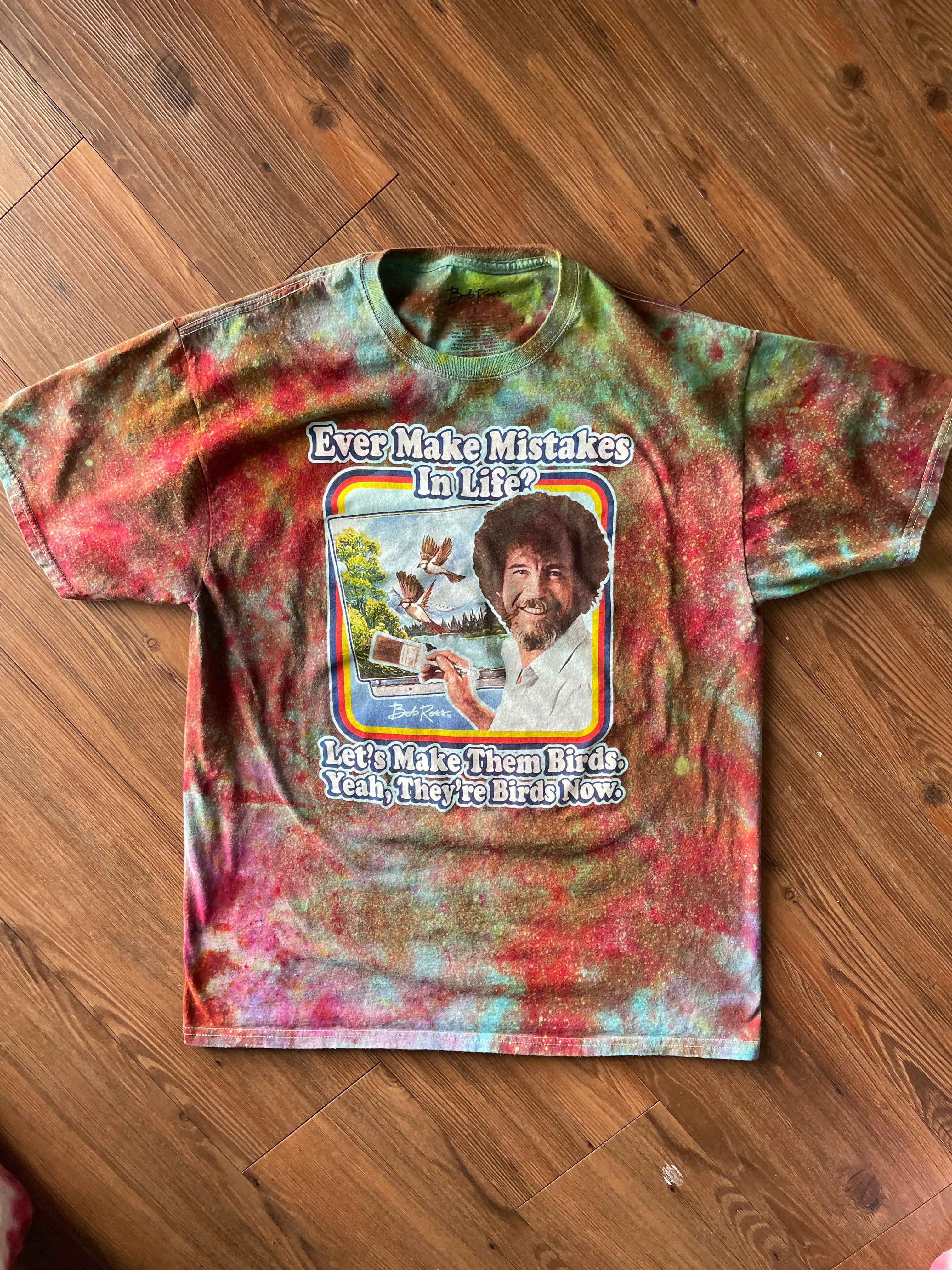 LARGE Men’s Bob Ross Mistakes Galaxy Handmade Tie Dye T-Shirt | One-Of-a-Kind Rainbow Snow Dyed Short Sleeve