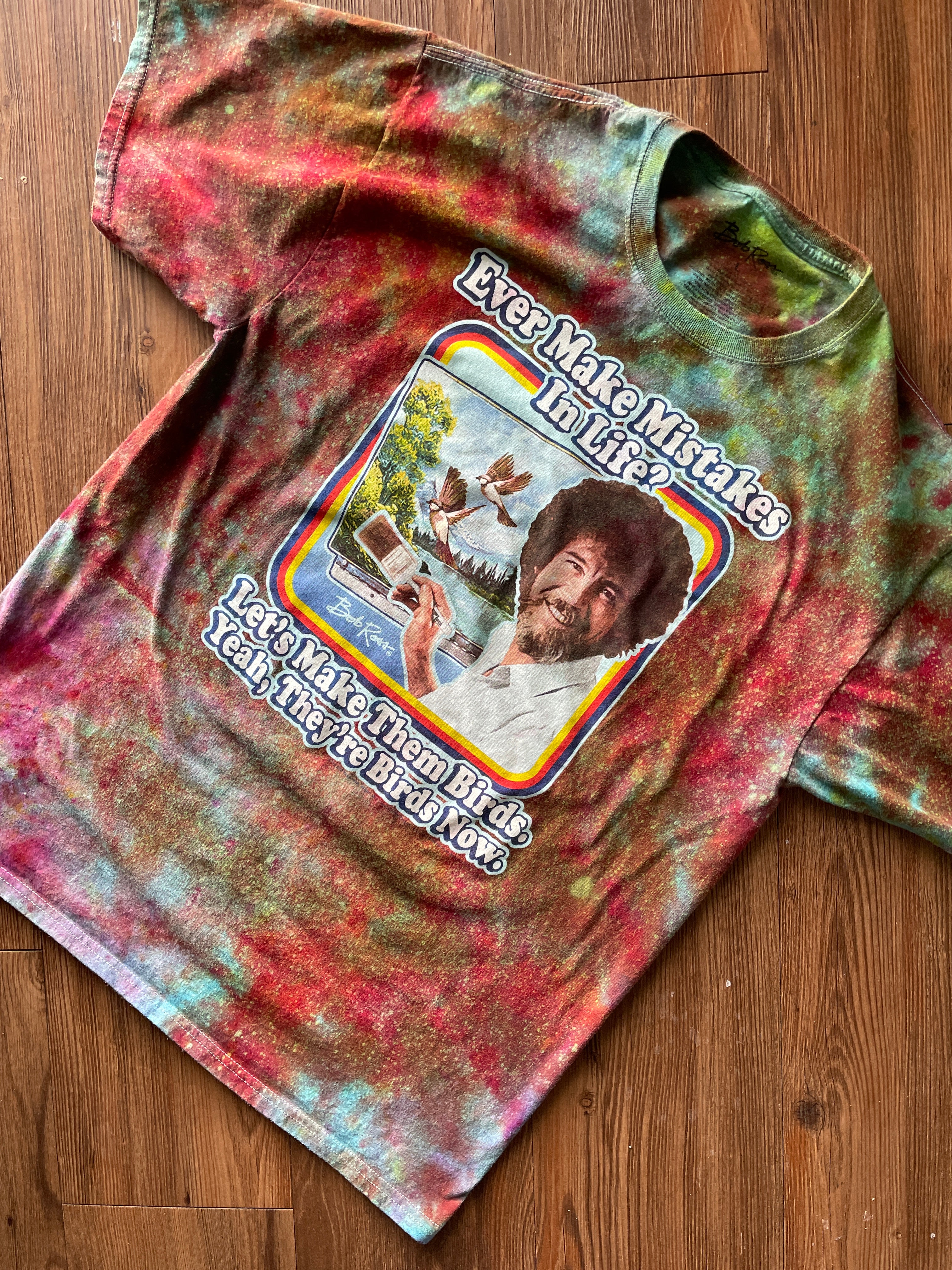 LARGE Men’s Bob Ross Mistakes Galaxy Handmade Tie Dye T-Shirt | One-Of-a-Kind Rainbow Snow Dyed Short Sleeve