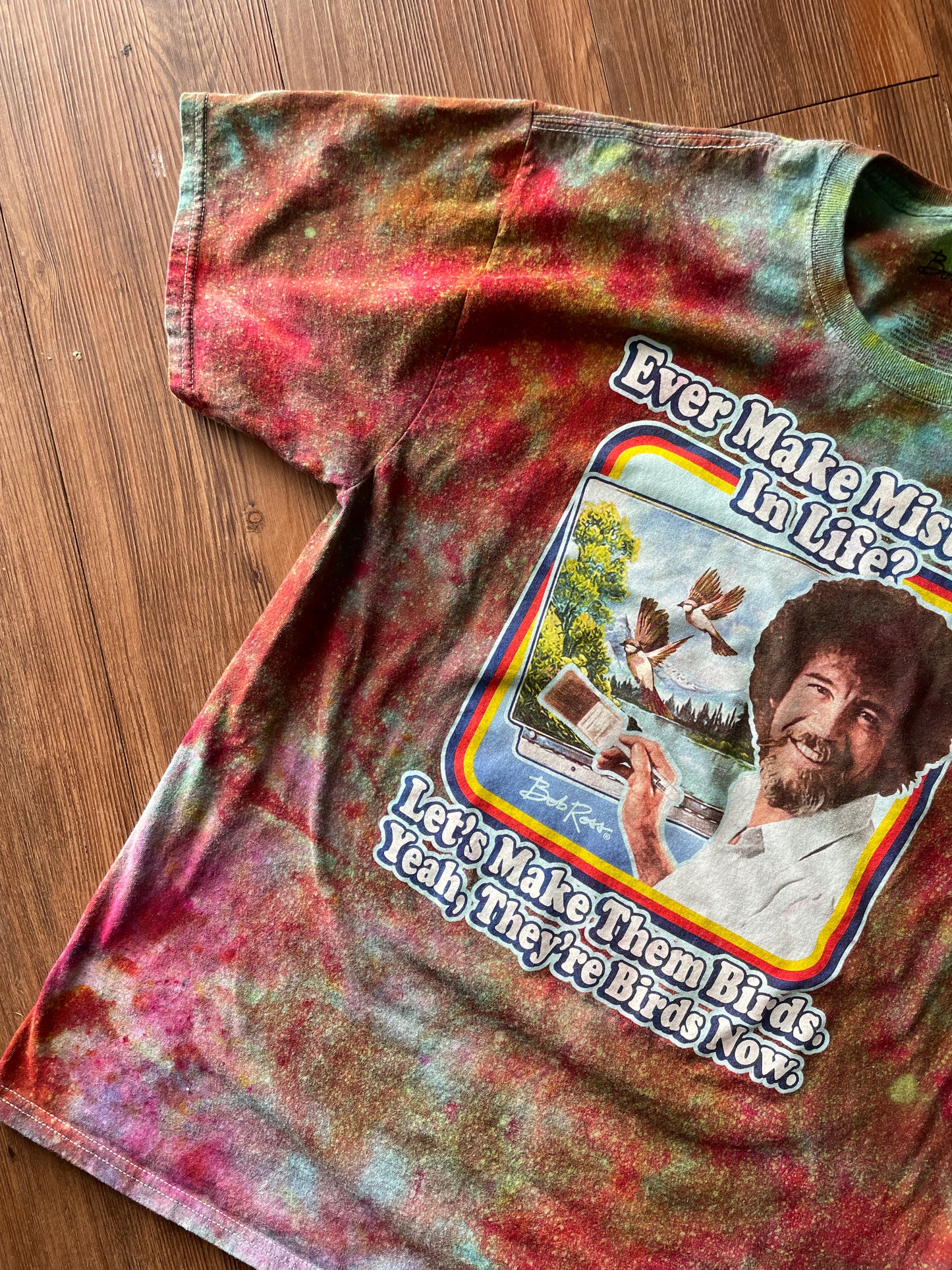 LARGE Men’s Bob Ross Mistakes Galaxy Handmade Tie Dye T-Shirt | One-Of-a-Kind Rainbow Snow Dyed Short Sleeve