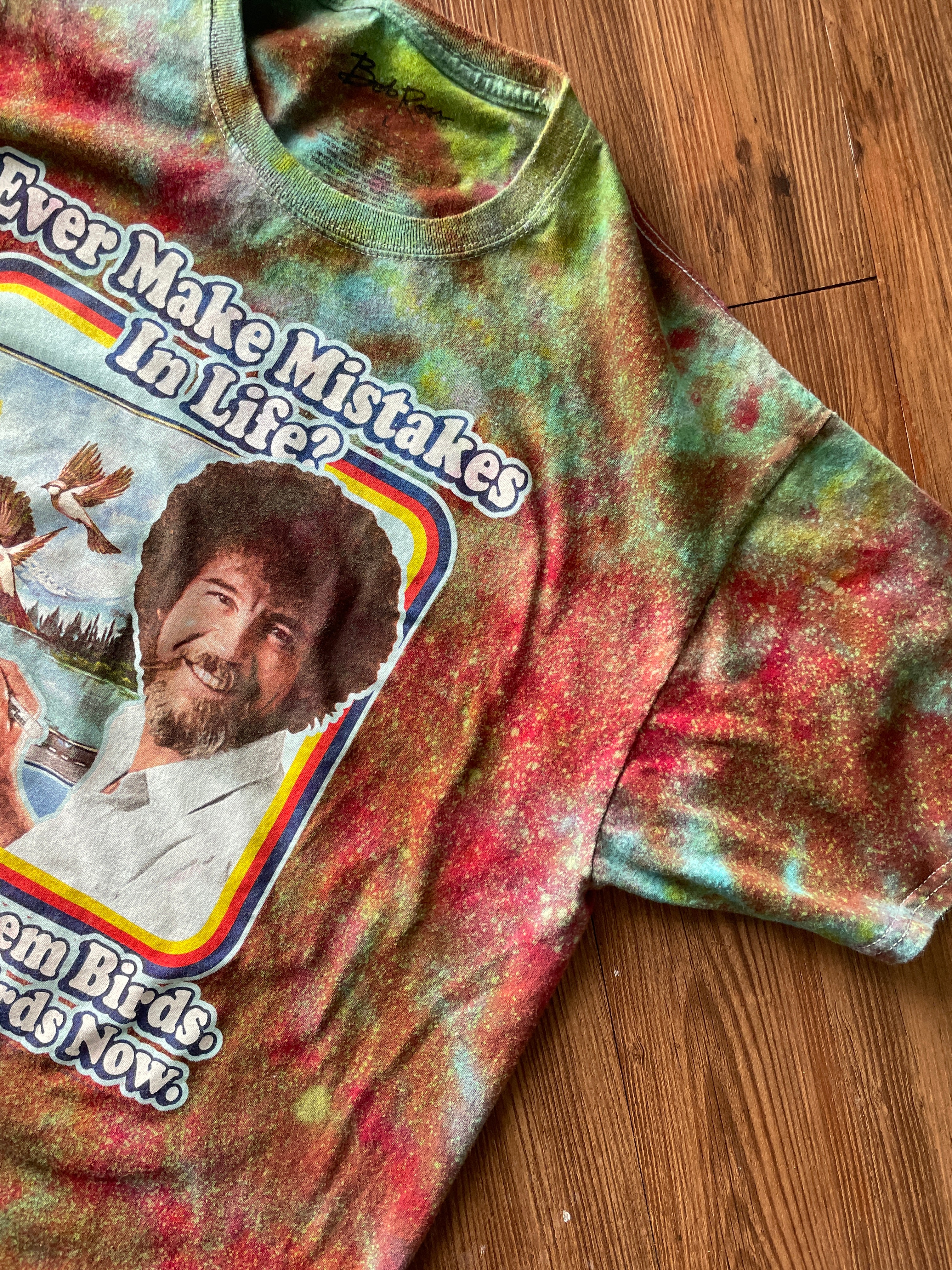 LARGE Men’s Bob Ross Mistakes Galaxy Handmade Tie Dye T-Shirt | One-Of-a-Kind Rainbow Snow Dyed Short Sleeve