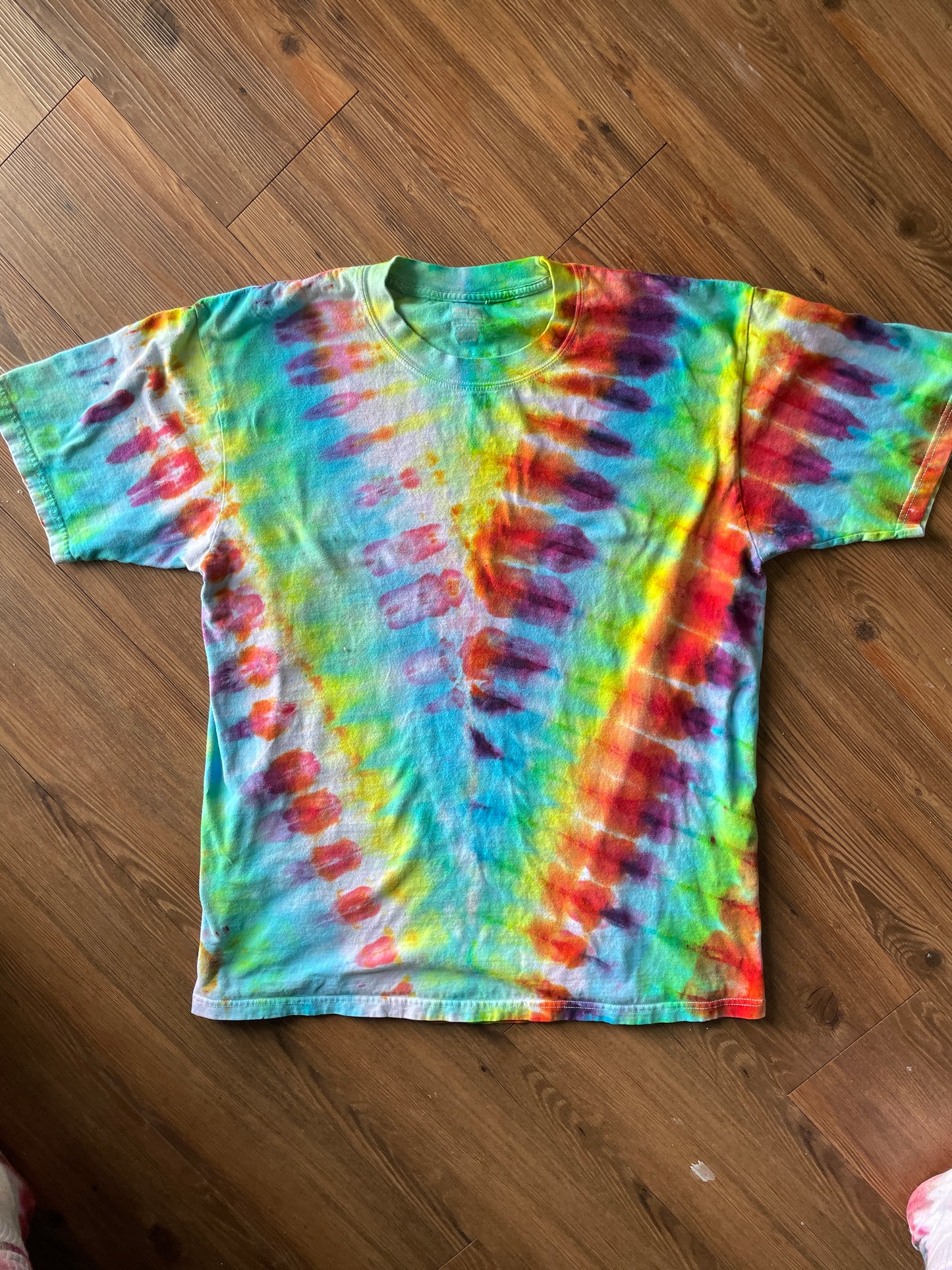 XL Men’s Rainbow and Black Pleated Handmade Tie Dye T-Shirt | One-Of-a-Kind Multicolor Snow Dyed Short Sleeve