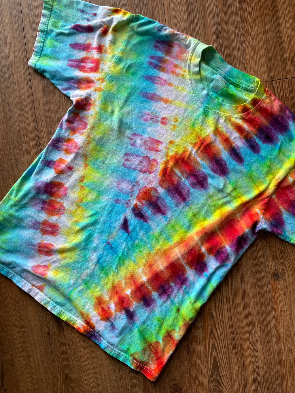 XL Men’s Rainbow and Black Pleated Handmade Tie Dye T-Shirt | One-Of-a-Kind Multicolor Snow Dyed Short Sleeve