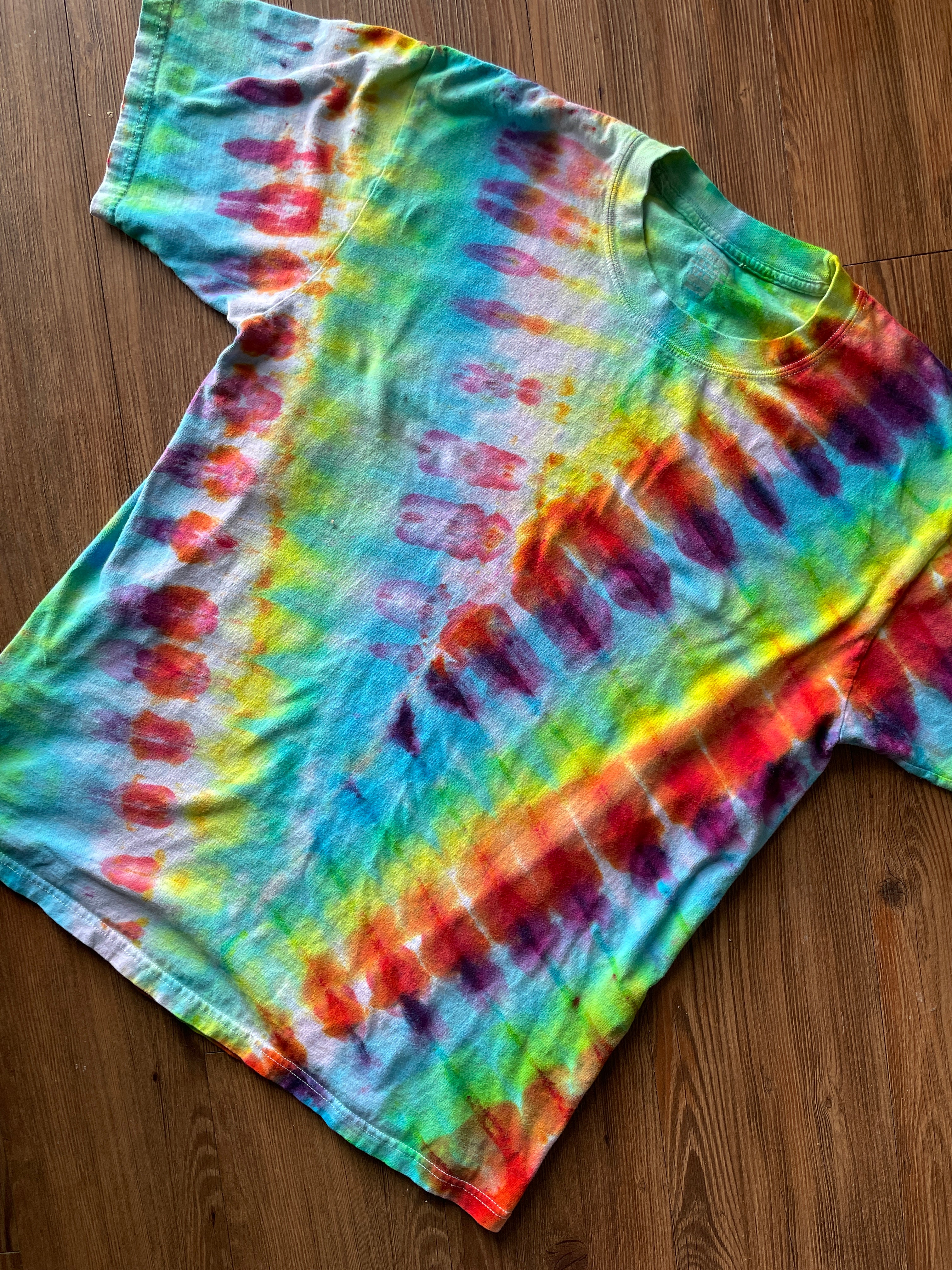 XL Men’s Rainbow and Black Pleated Handmade Tie Dye T-Shirt | One-Of-a-Kind Multicolor Snow Dyed Short Sleeve