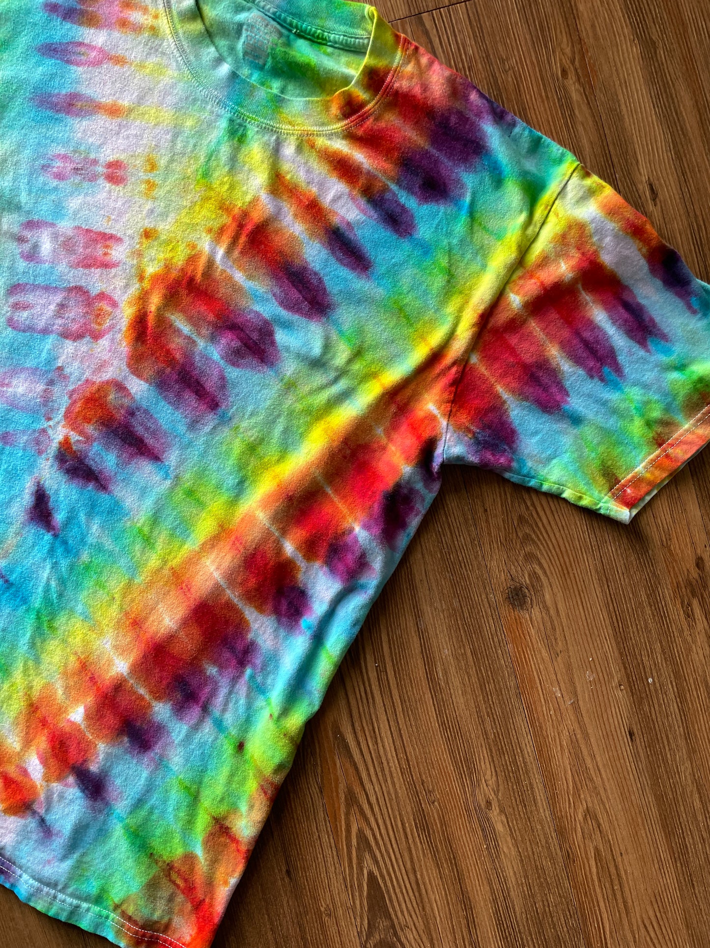 XL Men’s Rainbow and Black Pleated Handmade Tie Dye T-Shirt | One-Of-a-Kind Multicolor Snow Dyed Short Sleeve