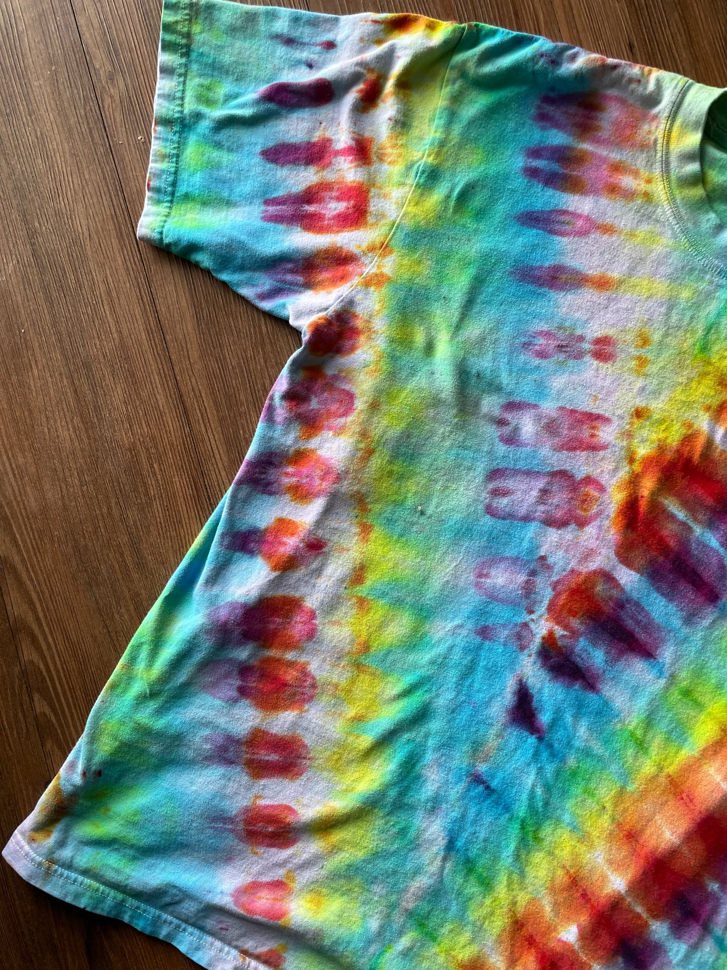 XL Men’s Rainbow and Black Pleated Handmade Tie Dye T-Shirt | One-Of-a-Kind Multicolor Snow Dyed Short Sleeve