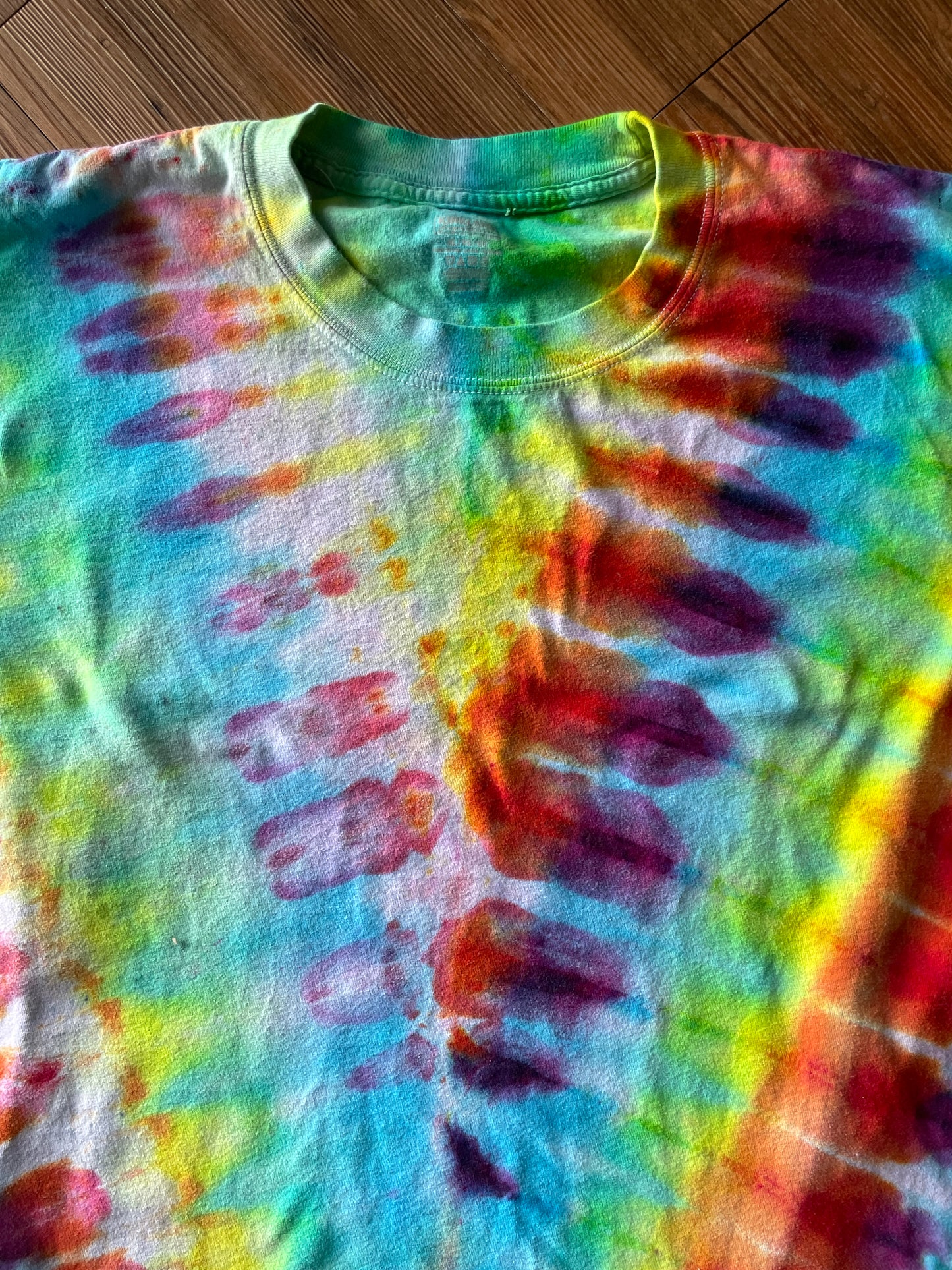XL Men’s Rainbow and Black Pleated Handmade Tie Dye T-Shirt | One-Of-a-Kind Multicolor Snow Dyed Short Sleeve