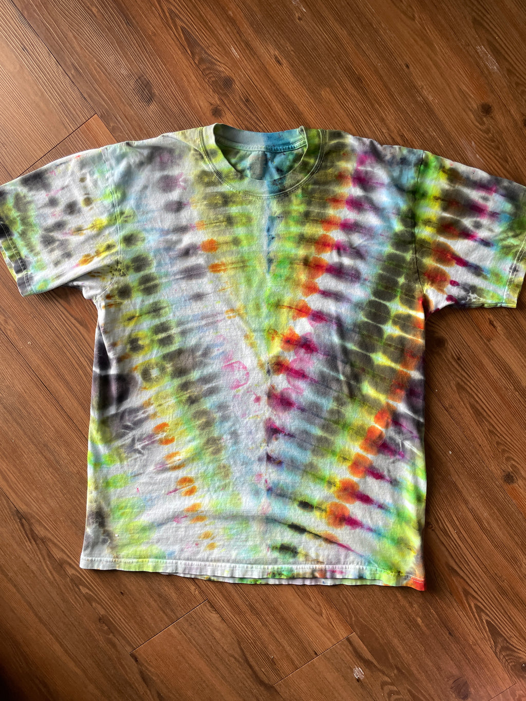 XL Men’s Rainbow and Black V-Pleated Handmade Tie Dye T-Shirt | One-Of-a-Kind Multicolor Snow Dyed Short Sleeve