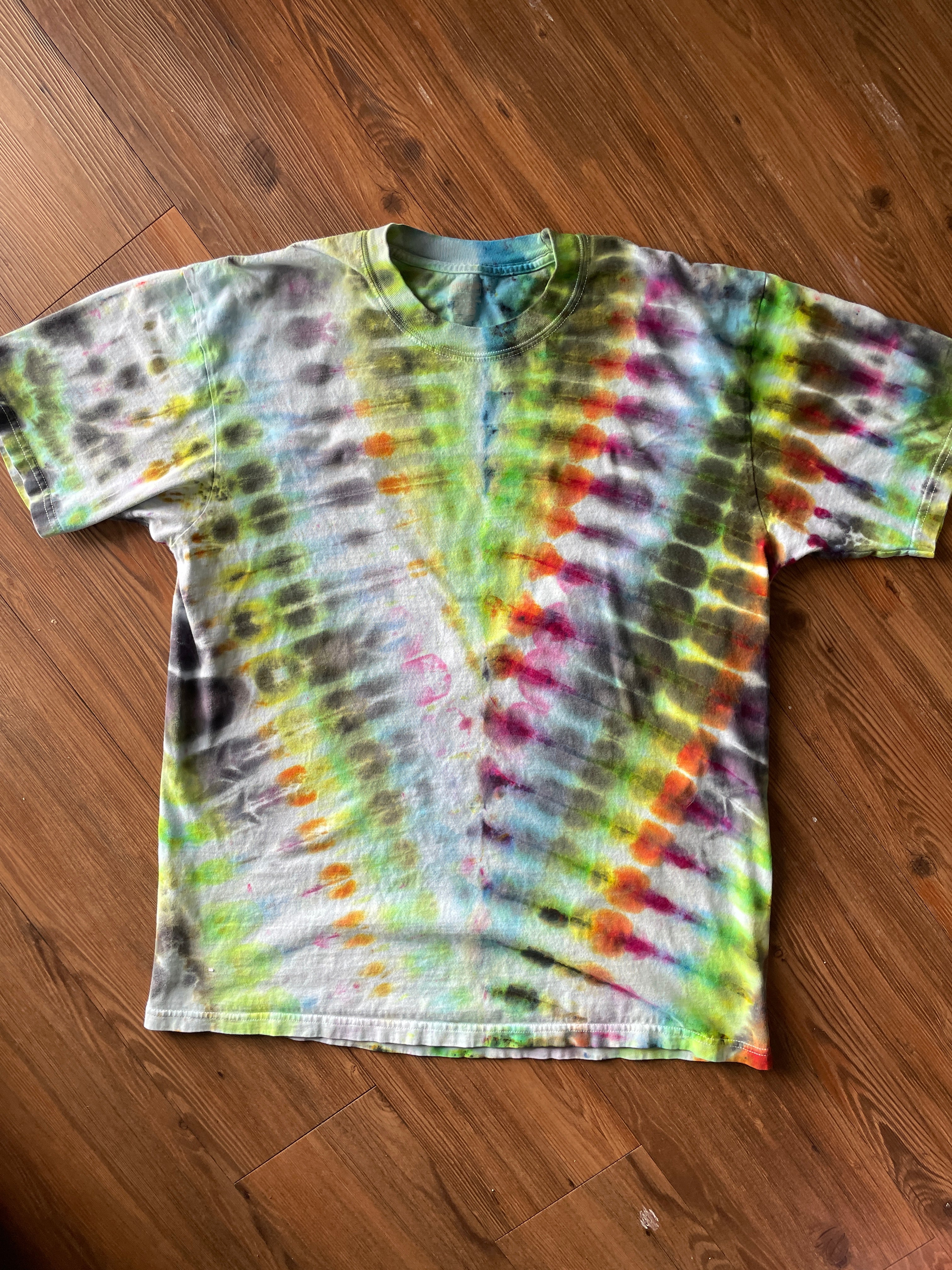 XL Men’s Rainbow and Black V-Pleated Handmade Tie Dye T-Shirt | One-Of-a-Kind Multicolor Snow Dyed Short Sleeve