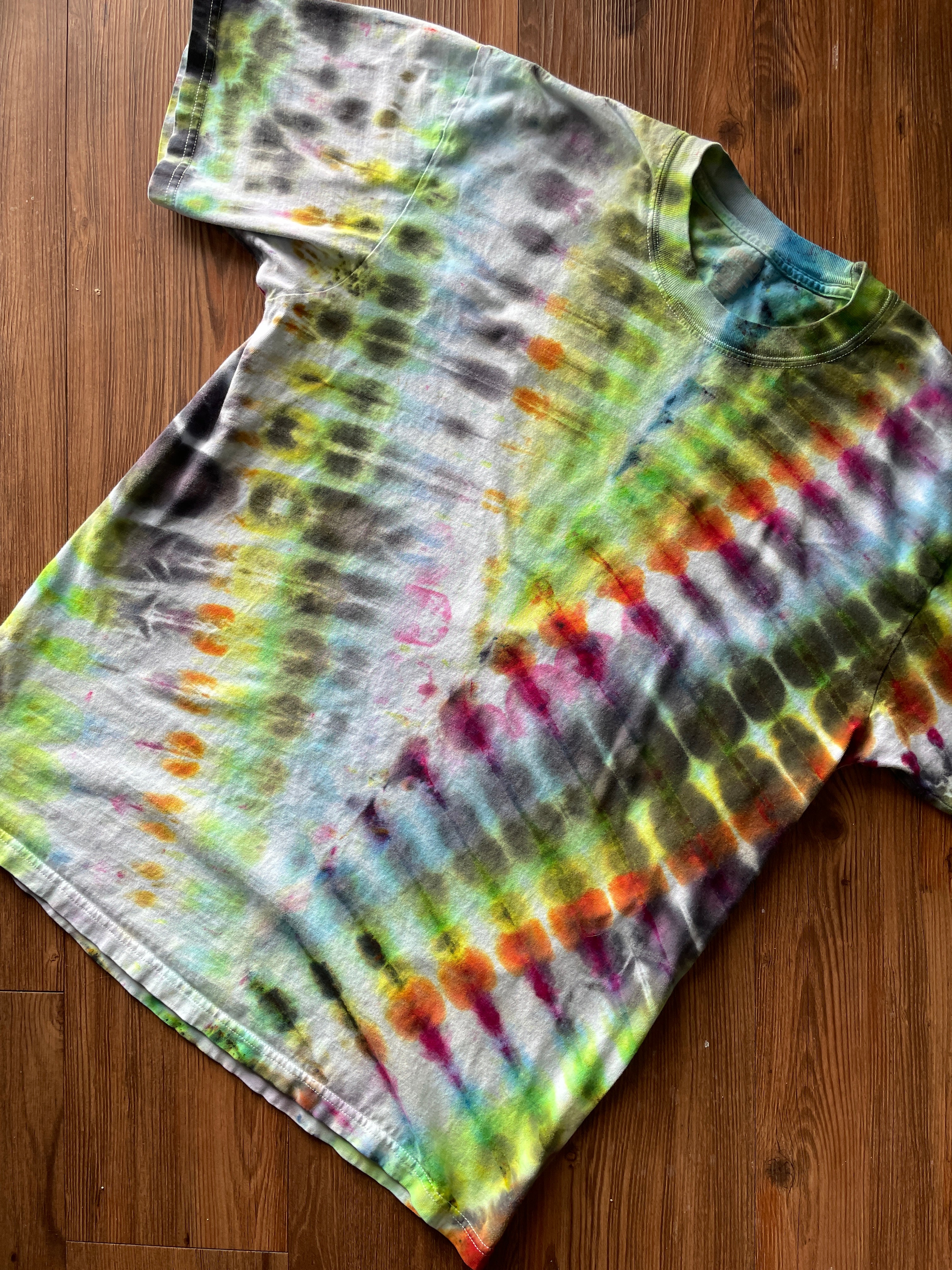 XL Men’s Rainbow and Black V-Pleated Handmade Tie Dye T-Shirt | One-Of-a-Kind Multicolor Snow Dyed Short Sleeve