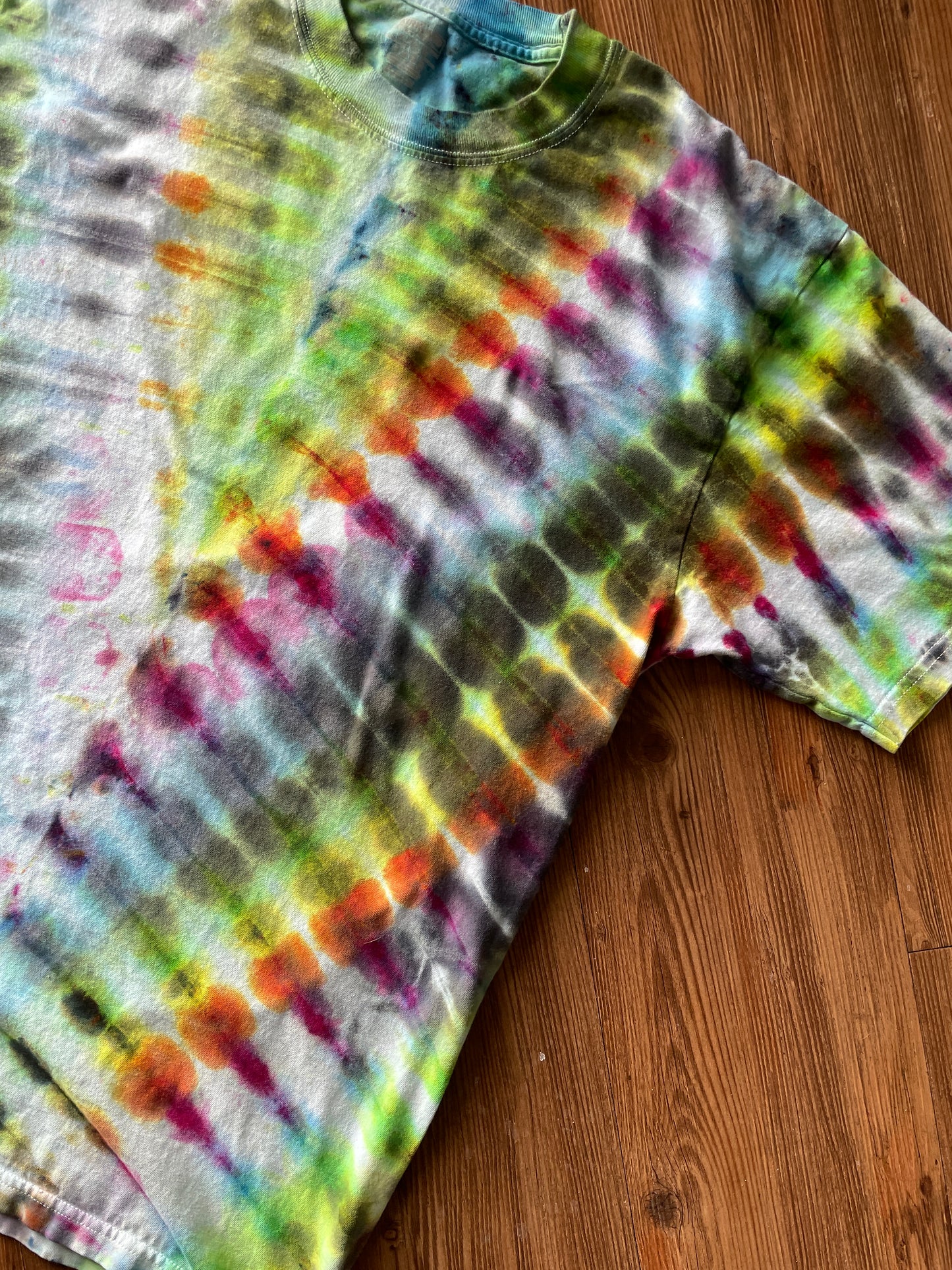 XL Men’s Rainbow and Black V-Pleated Handmade Tie Dye T-Shirt | One-Of-a-Kind Multicolor Snow Dyed Short Sleeve