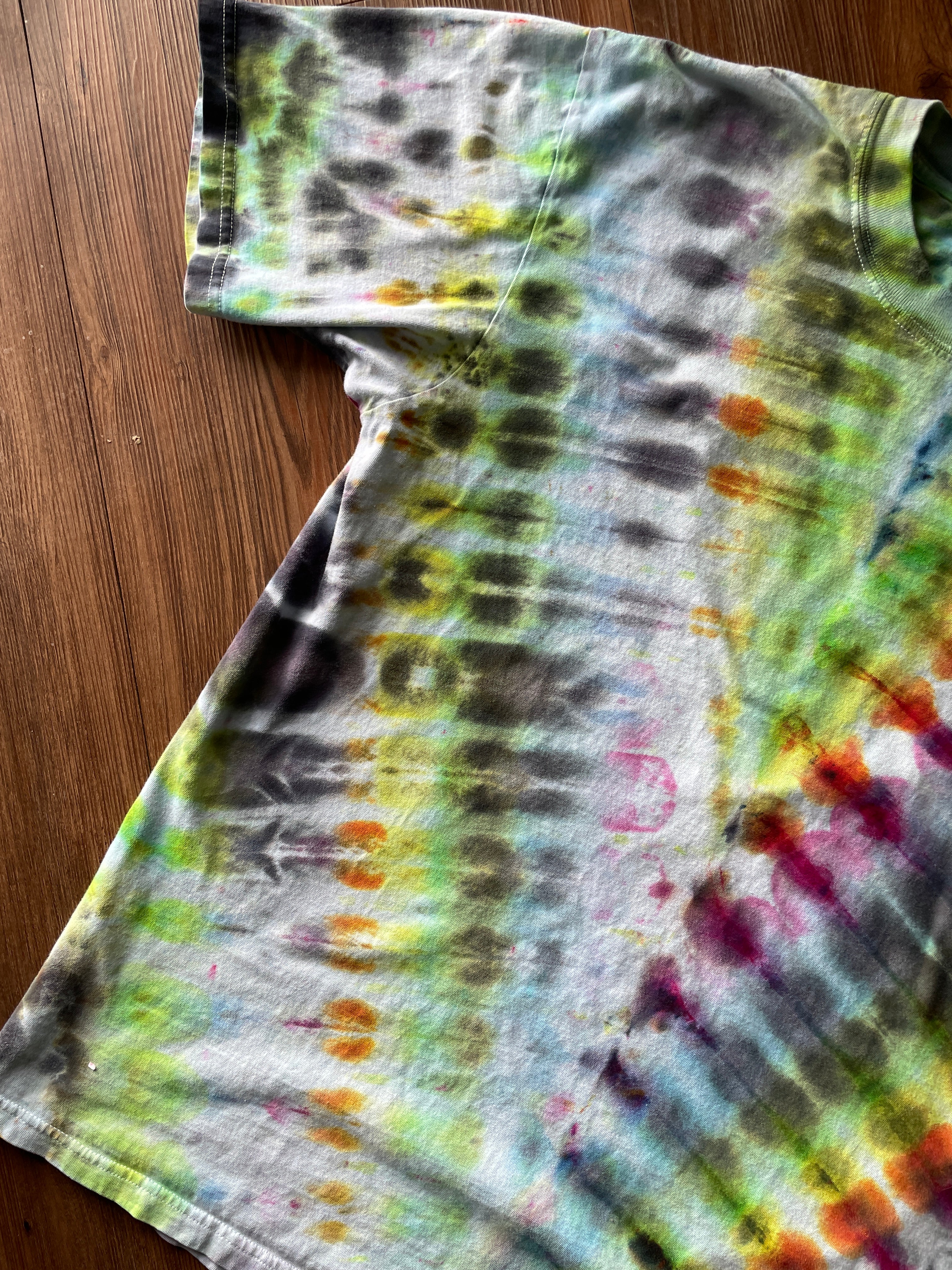 XL Men’s Rainbow and Black V-Pleated Handmade Tie Dye T-Shirt | One-Of-a-Kind Multicolor Snow Dyed Short Sleeve