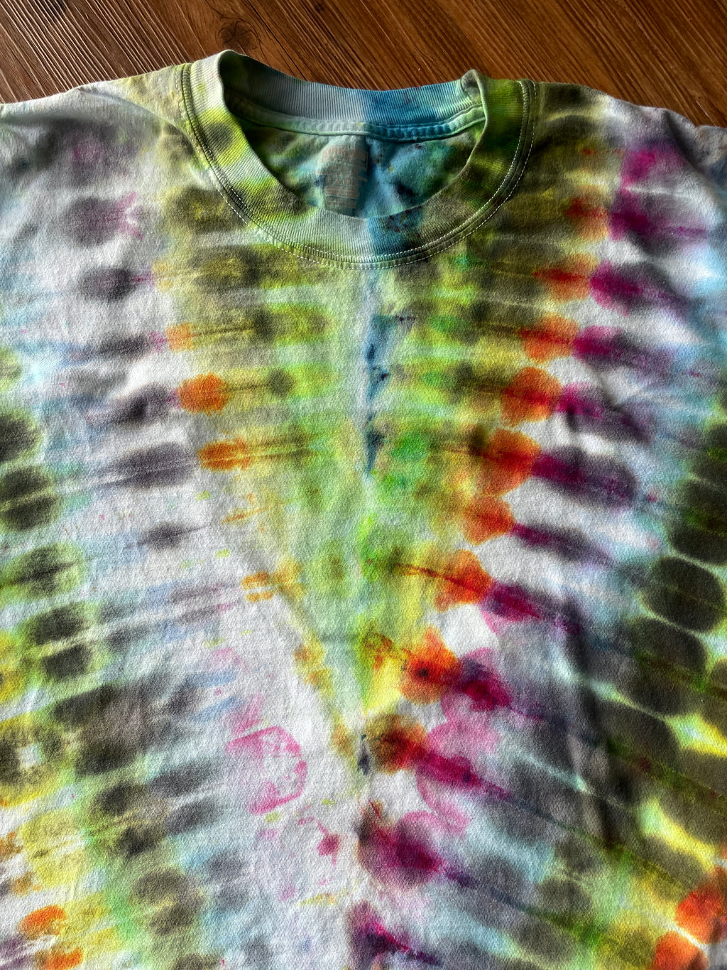 XL Men’s Rainbow and Black V-Pleated Handmade Tie Dye T-Shirt | One-Of-a-Kind Multicolor Snow Dyed Short Sleeve