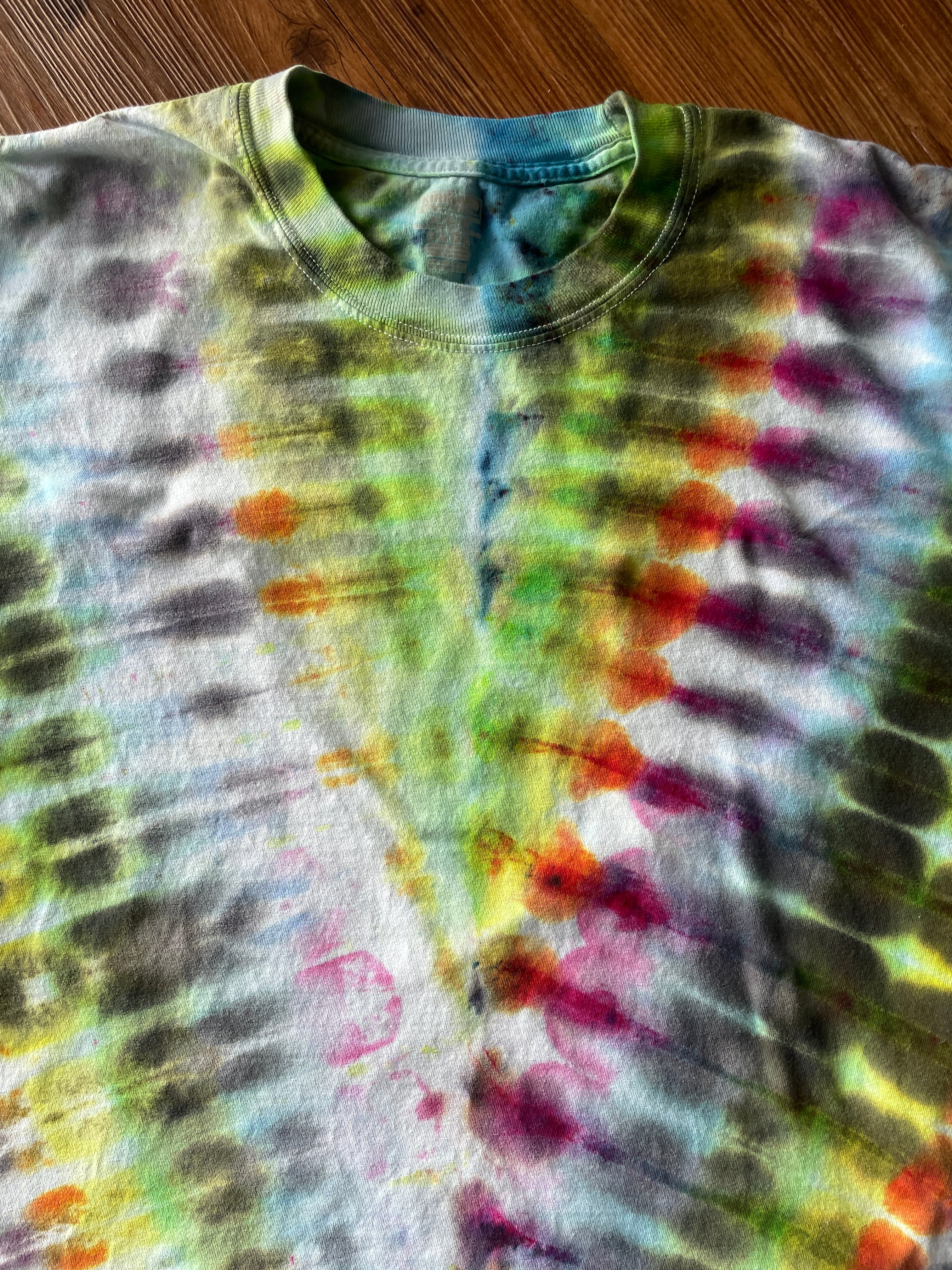 XL Men’s Rainbow and Black V-Pleated Handmade Tie Dye T-Shirt | One-Of-a-Kind Multicolor Snow Dyed Short Sleeve