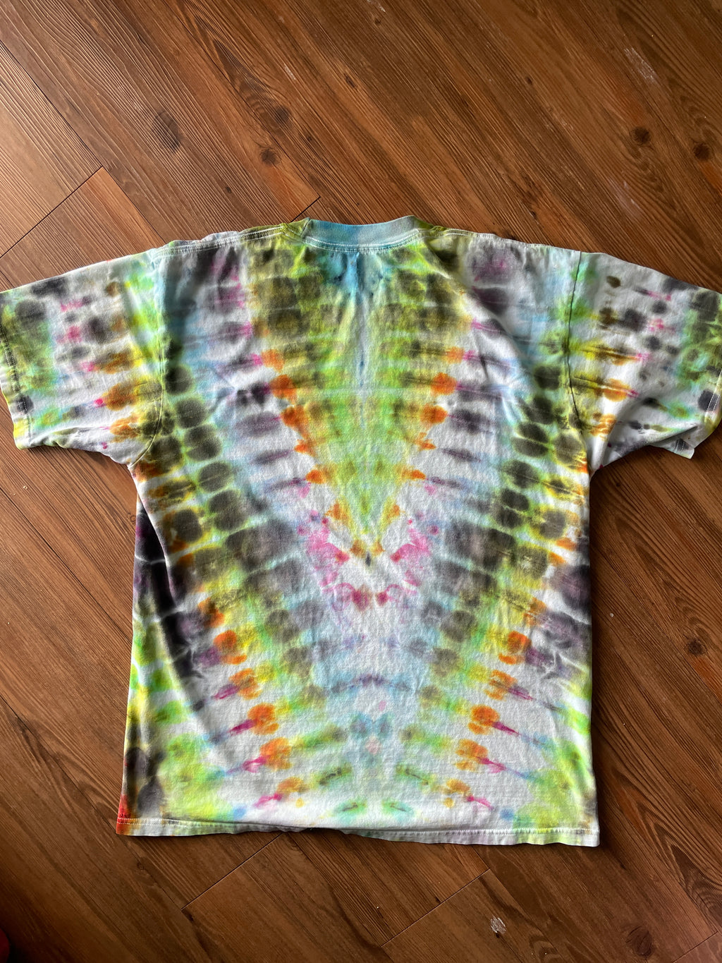 XL Men’s Rainbow and Black V-Pleated Handmade Tie Dye T-Shirt | One-Of-a-Kind Multicolor Snow Dyed Short Sleeve
