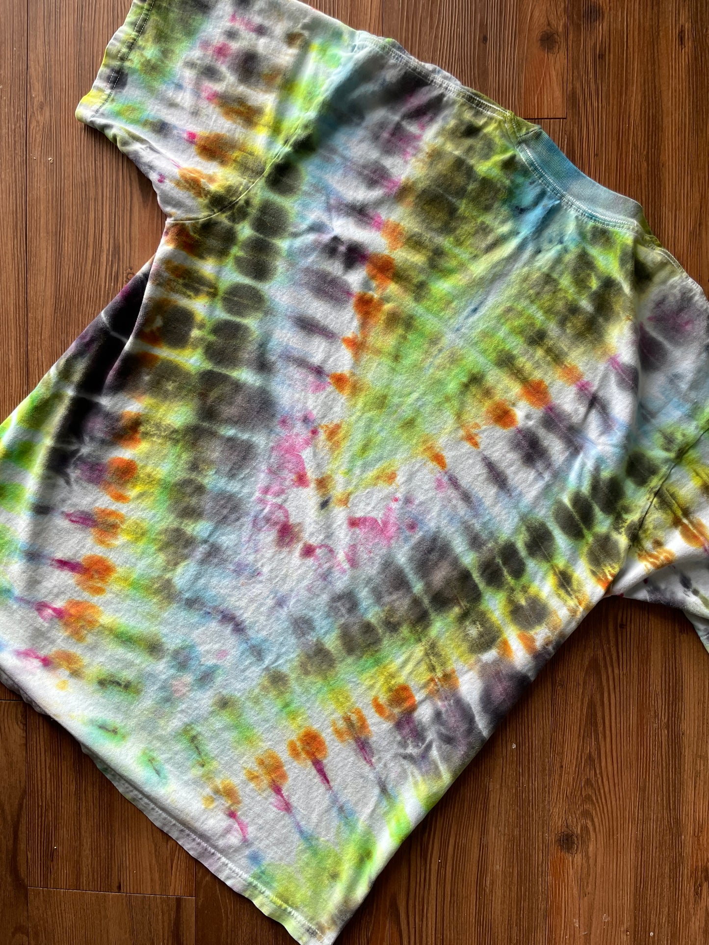 XL Men’s Rainbow and Black V-Pleated Handmade Tie Dye T-Shirt | One-Of-a-Kind Multicolor Snow Dyed Short Sleeve