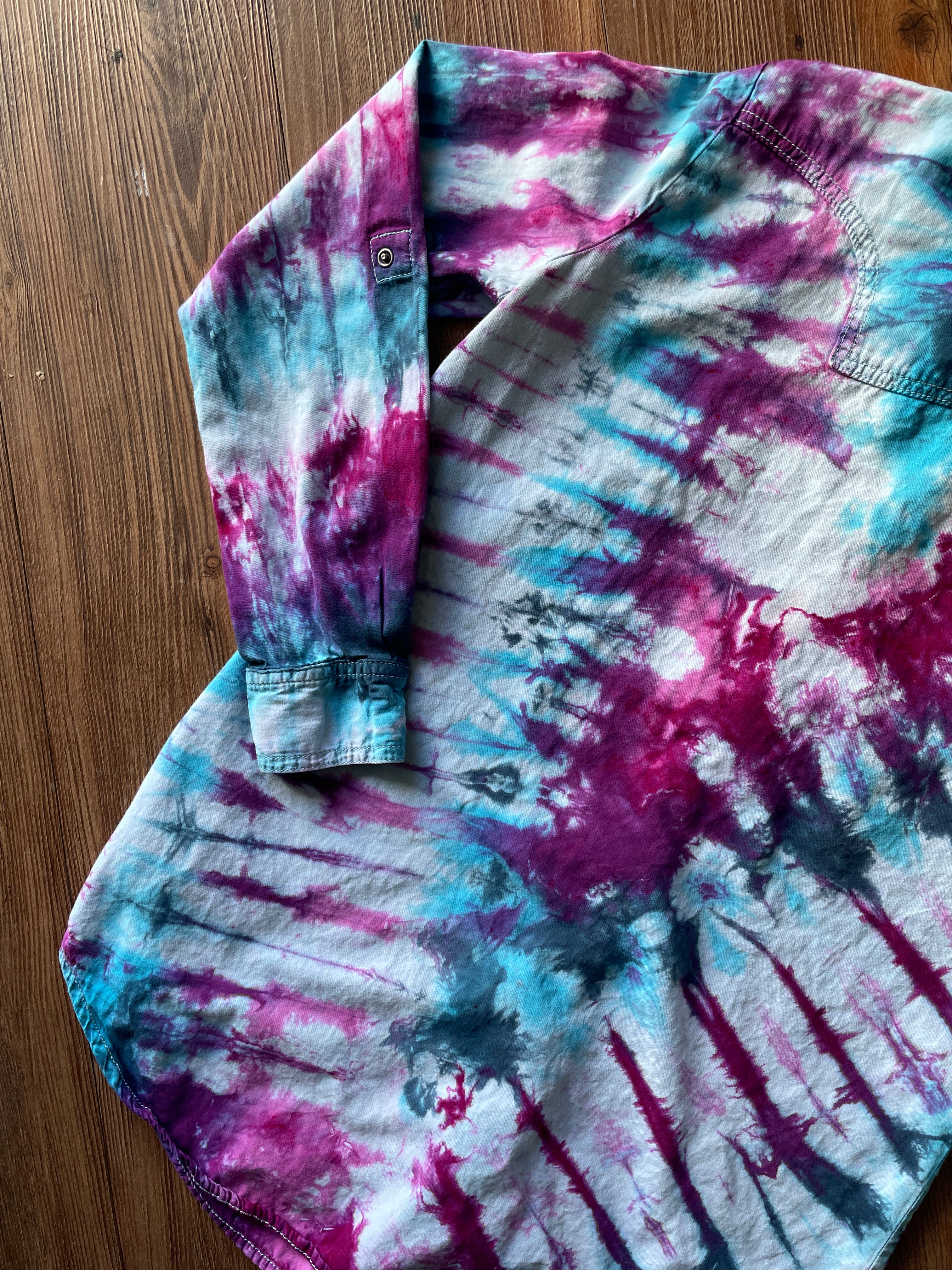 MEDIUM Women’s Handmade Tie Dye Chambray Pearl Snap Shirt | One-Of-a-Kind Blue, Purple, and Pink Pleated Long Sleeve