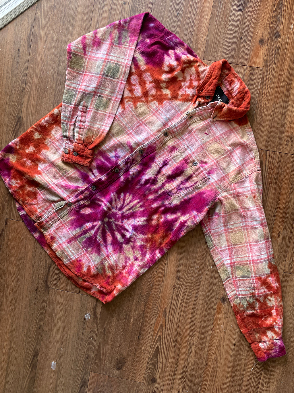 LARGE Men’s Orange and White Handmade Tie Dye Flannel Shirt | One-Of-a-Kind Upcycled Long Sleeve