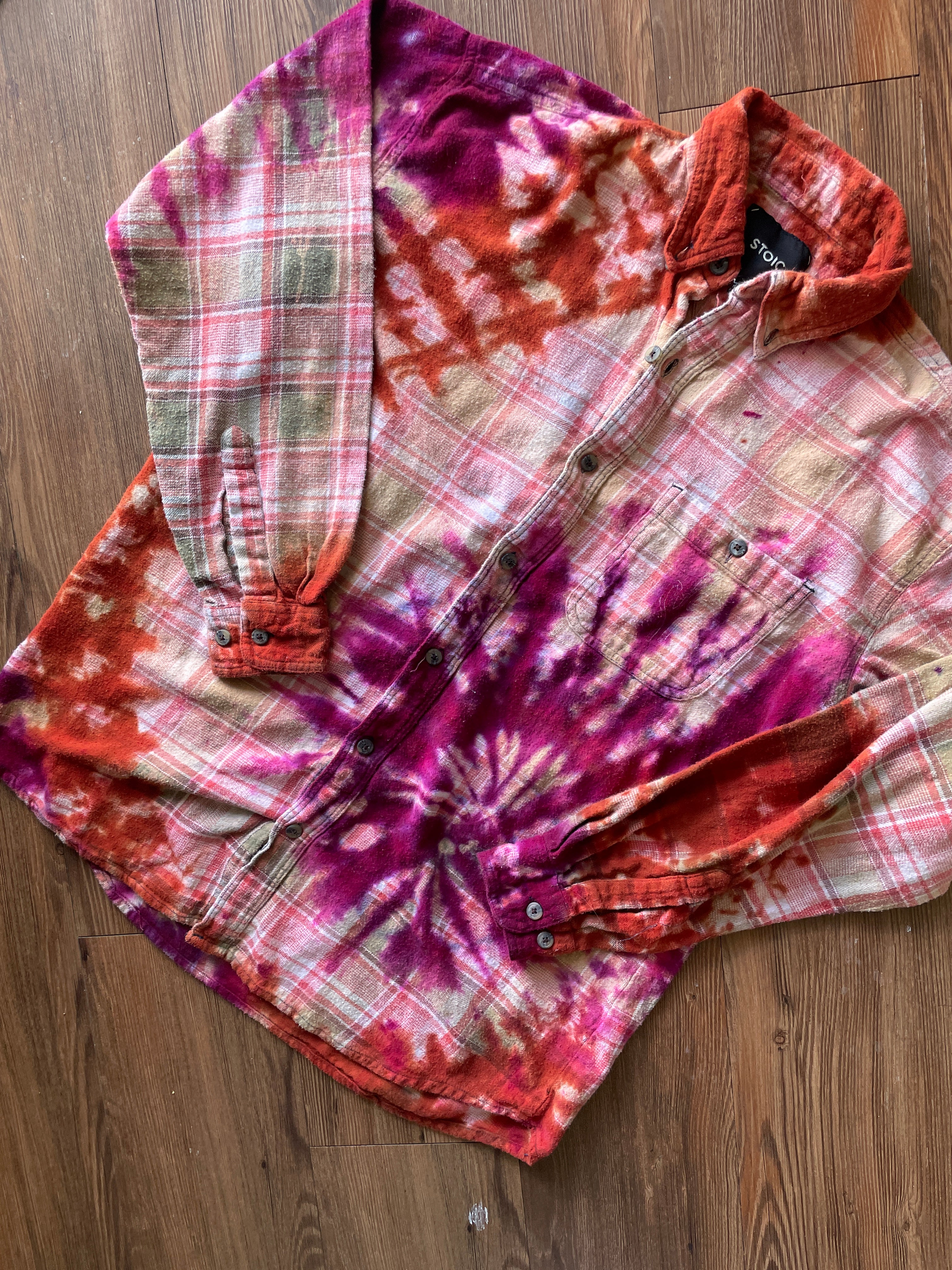 LARGE Men’s Orange and White Handmade Tie Dye Flannel Shirt | One-Of-a-Kind Upcycled Long Sleeve