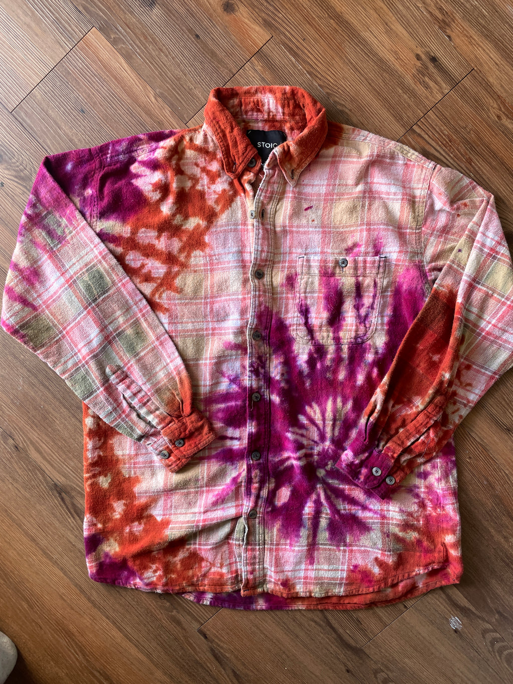 LARGE Men’s Orange and White Handmade Tie Dye Flannel Shirt | One-Of-a-Kind Upcycled Long Sleeve