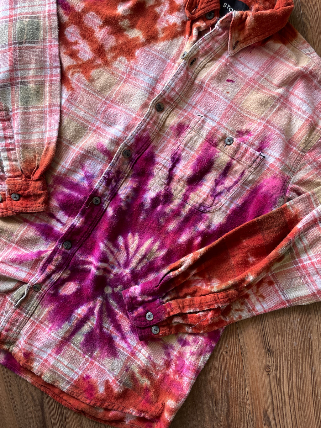 LARGE Men’s Orange and White Handmade Tie Dye Flannel Shirt | One-Of-a-Kind Upcycled Long Sleeve