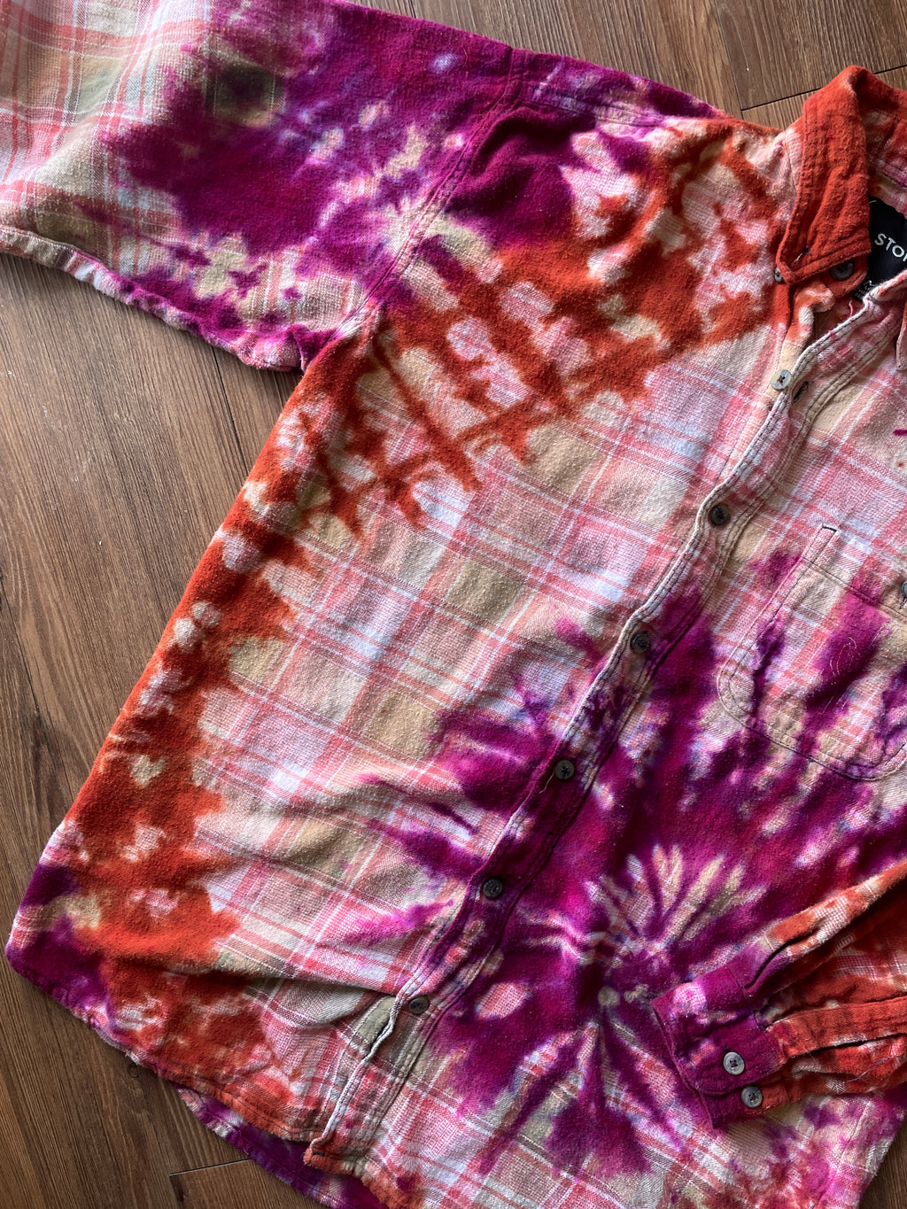 LARGE Men’s Orange and White Handmade Tie Dye Flannel Shirt | One-Of-a-Kind Upcycled Long Sleeve