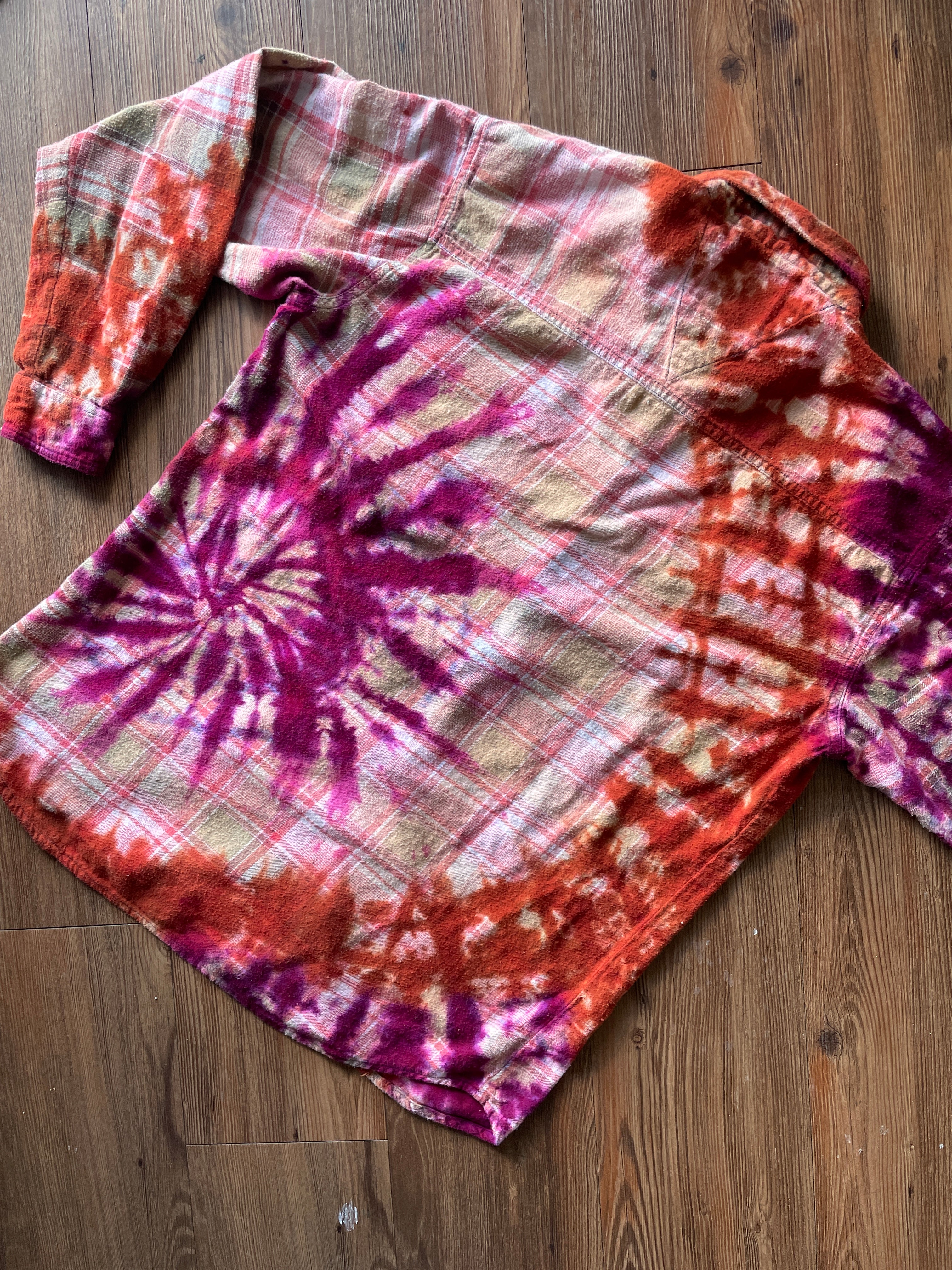 LARGE Men’s Orange and White Handmade Tie Dye Flannel Shirt | One-Of-a-Kind Upcycled Long Sleeve
